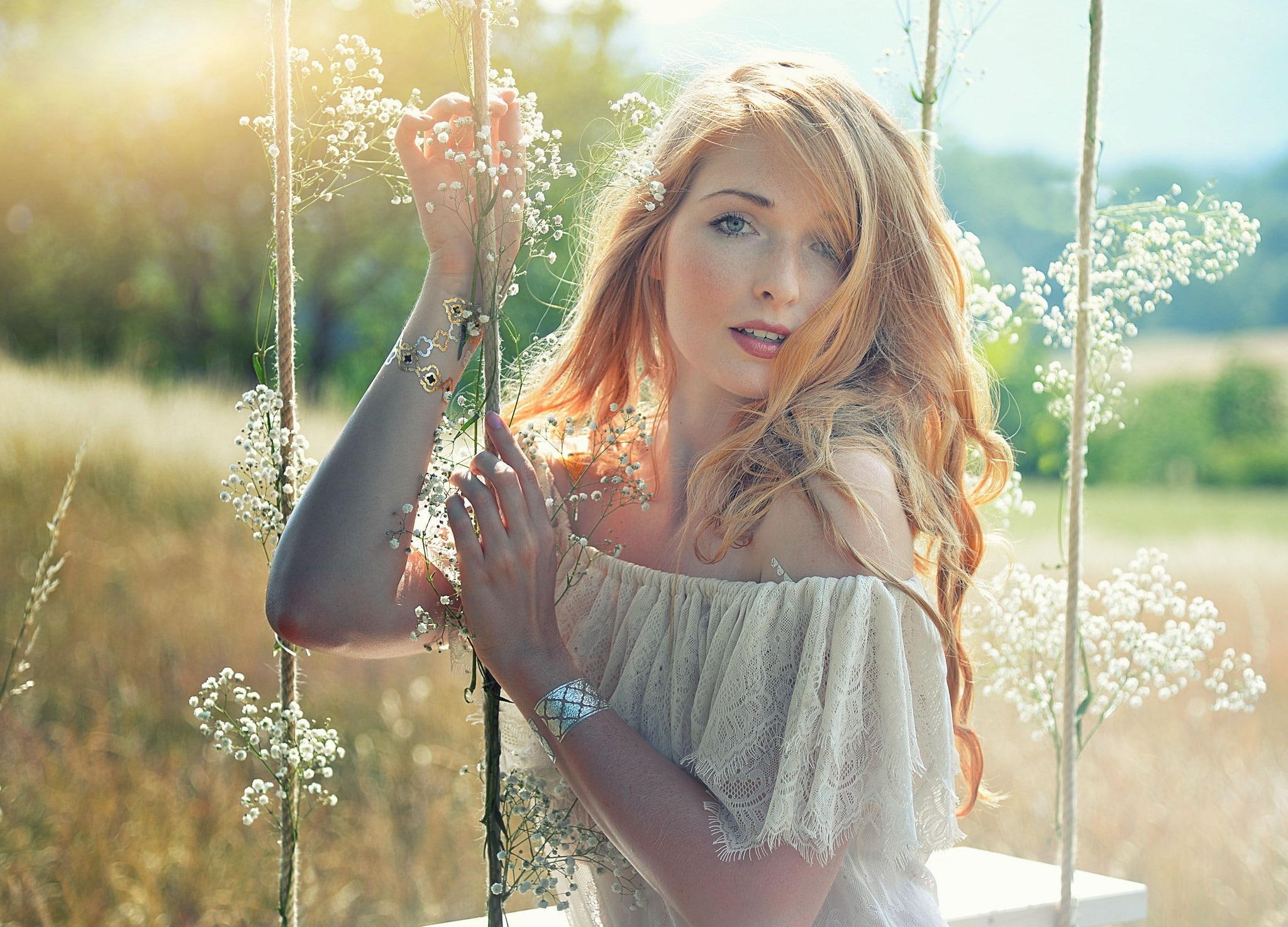 blonde, beauty, portrait, day, sunshine, lens flare, young adult, outdoors, looking at camera, adult, hairstyle, plant, hair, open mouth, one person, rope, HD Wallpaper