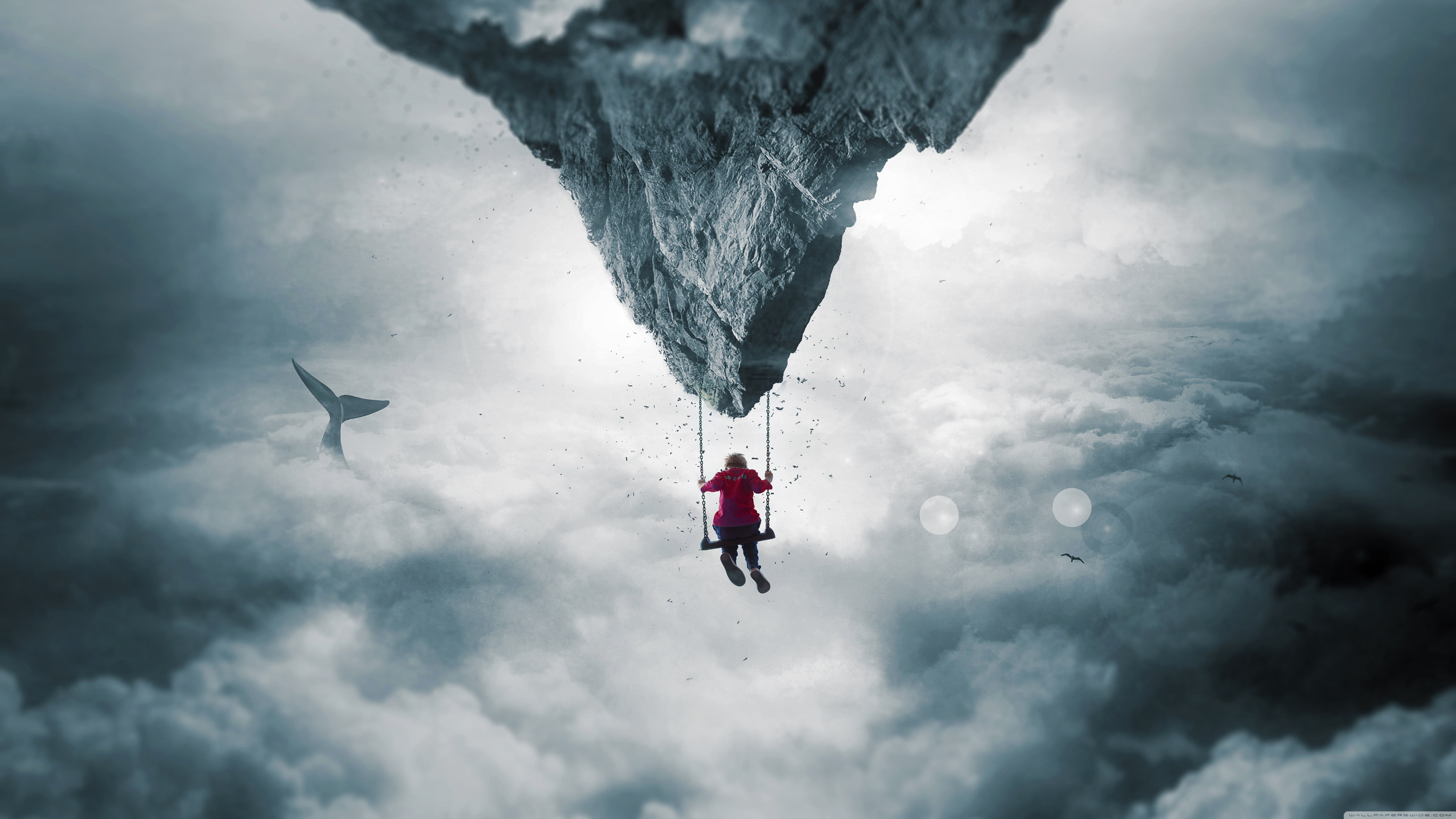 floating island, 5K, rope swing, clouds, HD Wallpaper
