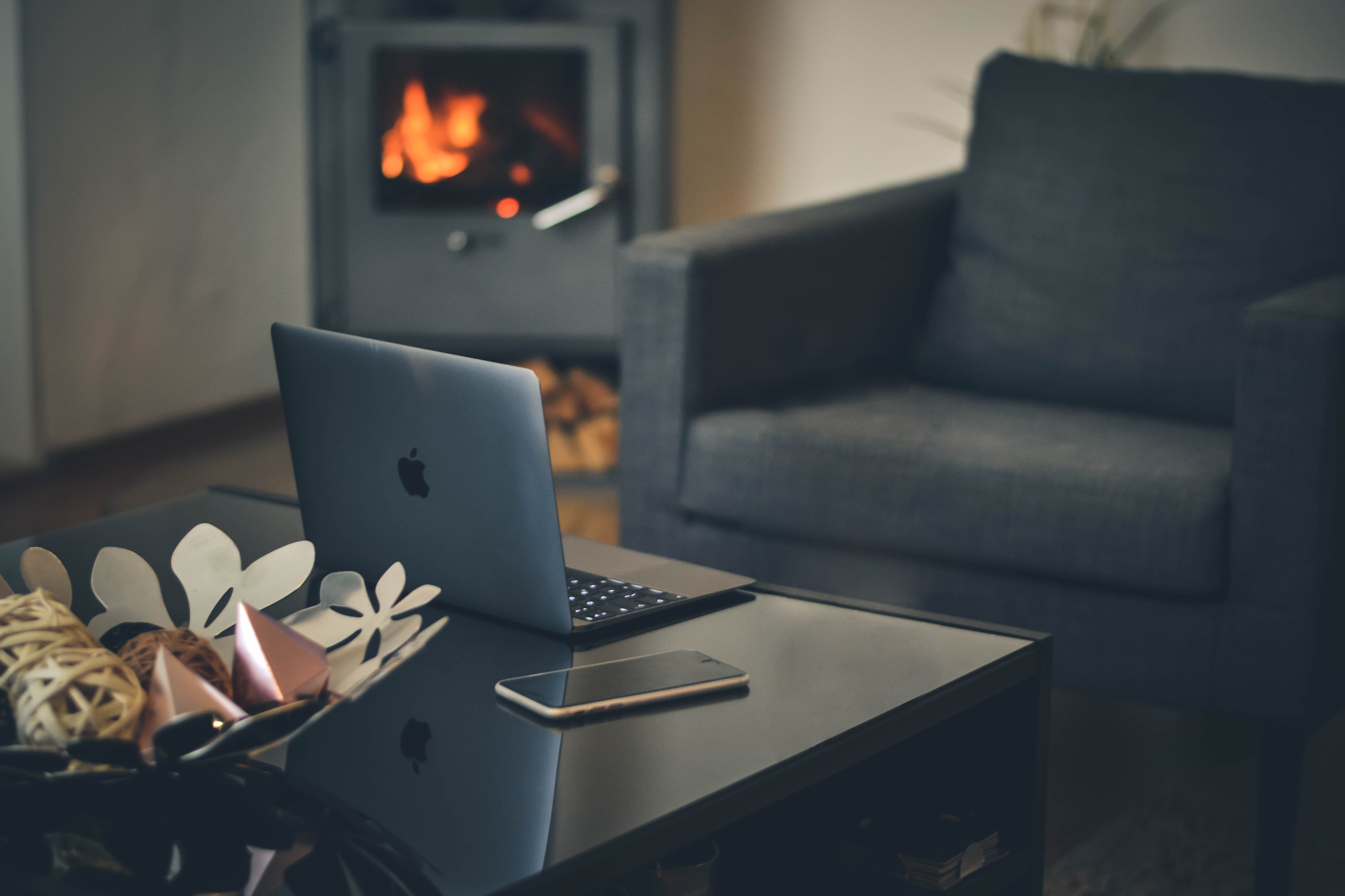 domestic Room, designer, fireplace, computer, technology, no People, fire, laptop, interior design, apartment, workspace, tech, communication, 4K, living Room, HD Wallpaper