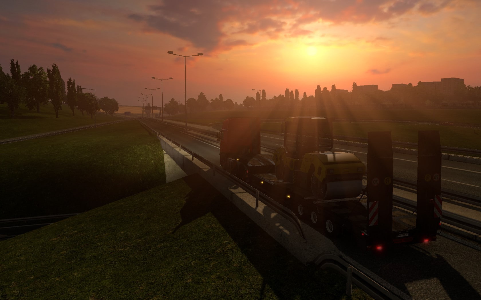 no people, transportation, mode of transportation, video games euro truck simulator 2 sunset highway trucks volvo fh16 sun cargo, building exterior, environment, HD Wallpaper