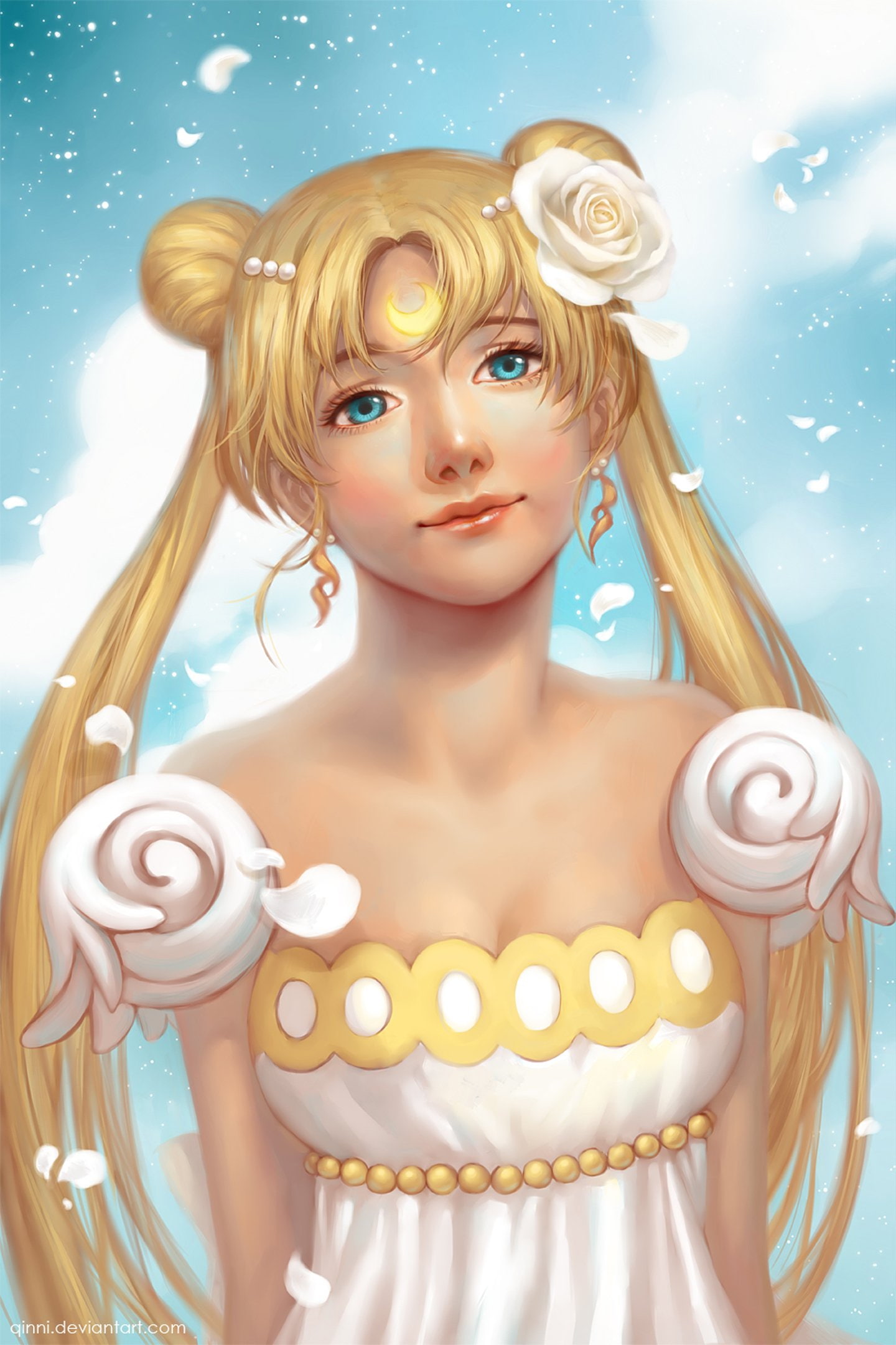 senshi, sailor, anime, white, petals, girl, series, blonde, moon, 1080P, beautiful, long, bishoujo, dress, hair, Phone HD Wallpaper