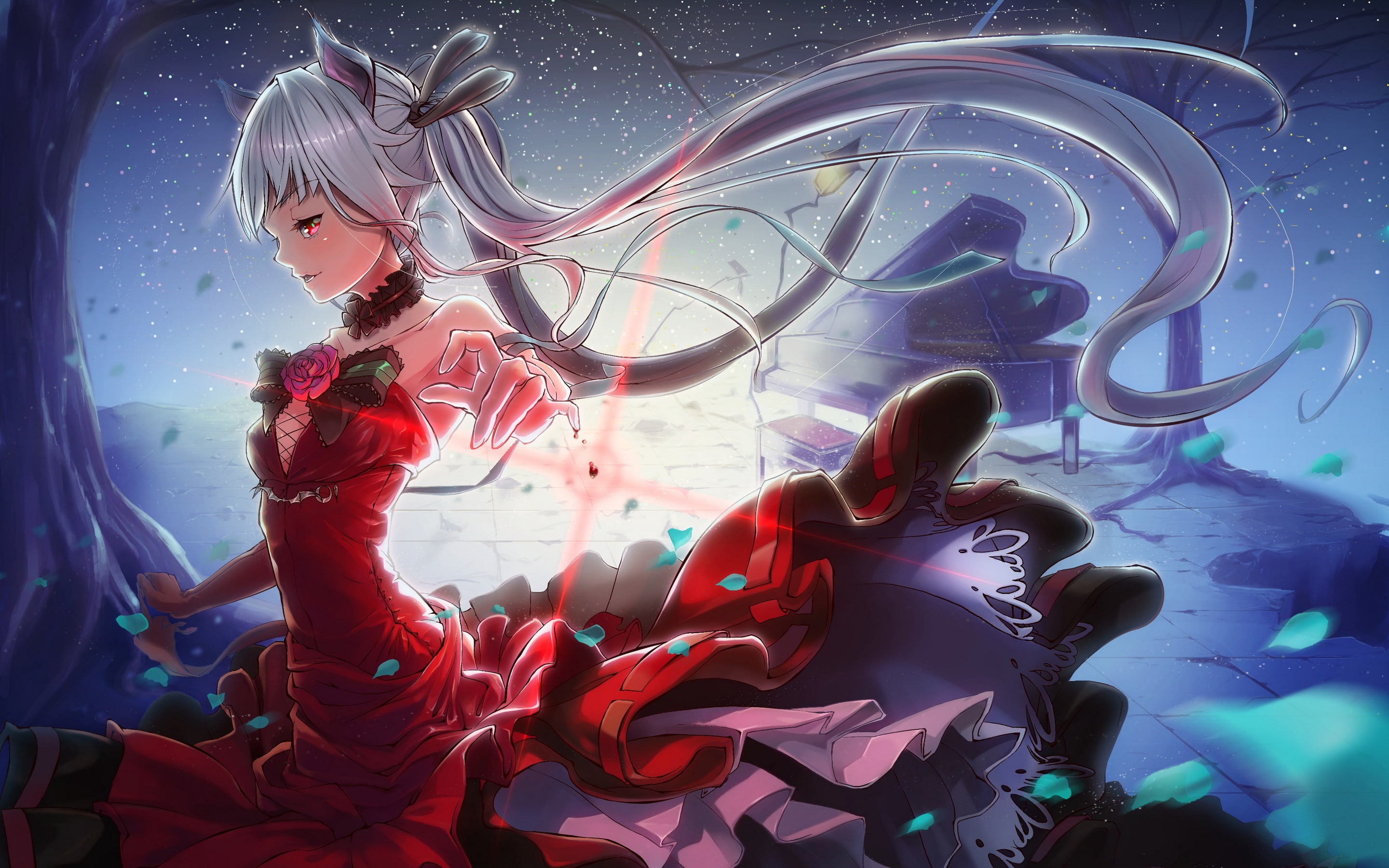 Piano, Twintails, Girl, Anime, Bishoujo Mangekyou -Norowareshi Densetsu no Shoujo-, Dress, Red Eyes, Night, 2K, HD Wallpaper