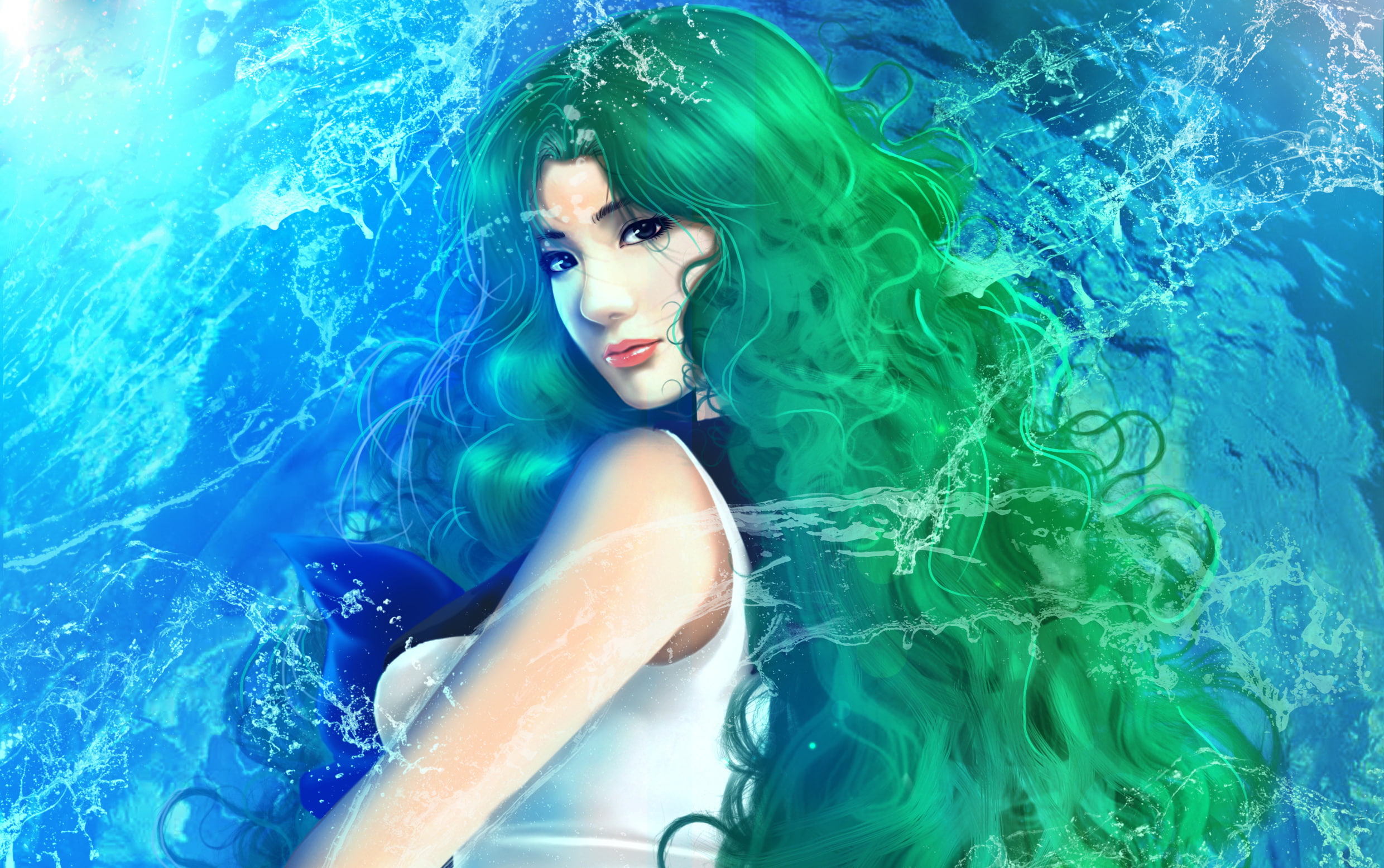 girl, Sailor Neptune, green hair, 1080P, Kaiou Michiru, Bishoujo Senshi Sailor Moon, water, HD Wallpaper