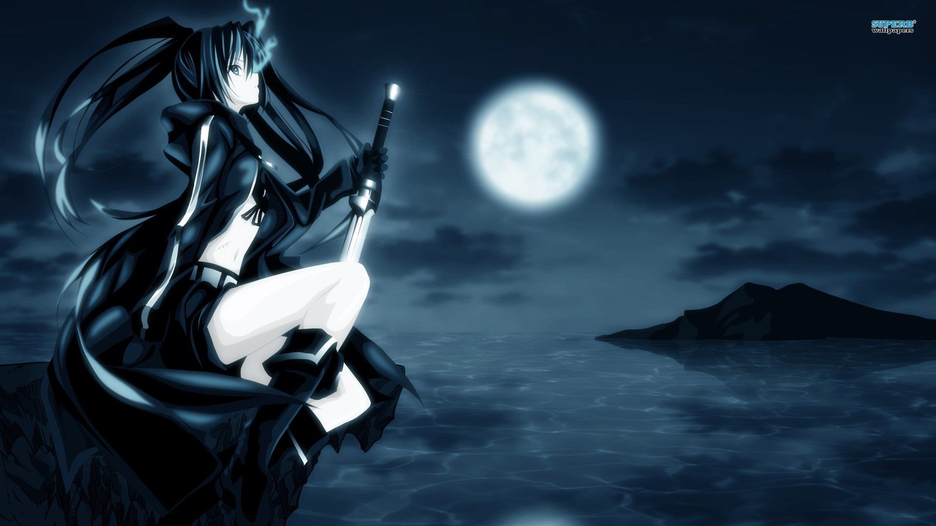 shooter, weapons, water, boots, dark, art, twintails, 1080P, sea, rock, space, moons, sitting, black, hd, night, long, clouds, moon, hair, HD Wallpaper