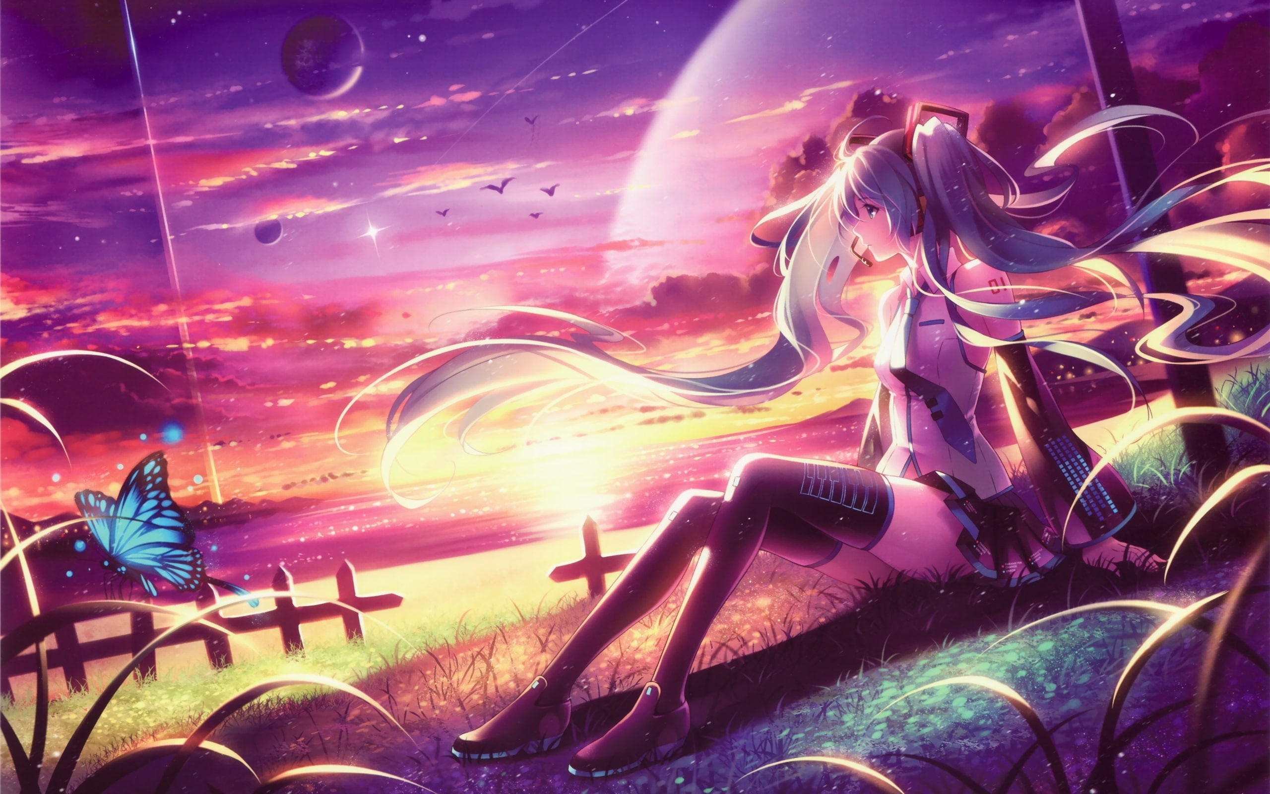 Butterfly, Hatsune, Beach, Sunset, 2K, Sitting, Girl, Miku, Long, Hair, Anime, HD Wallpaper