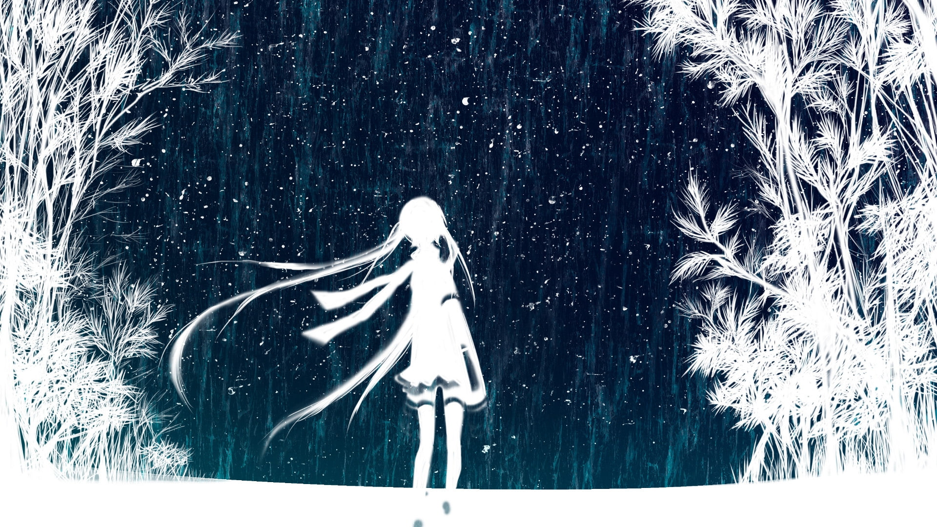 hair, snow, hd, trees, highs, vocaloid, silhouette, thigh, art, twintails, dark, long, hatsune, 1080P, miku, white, skirts, nature, Winter, HD Wallpaper