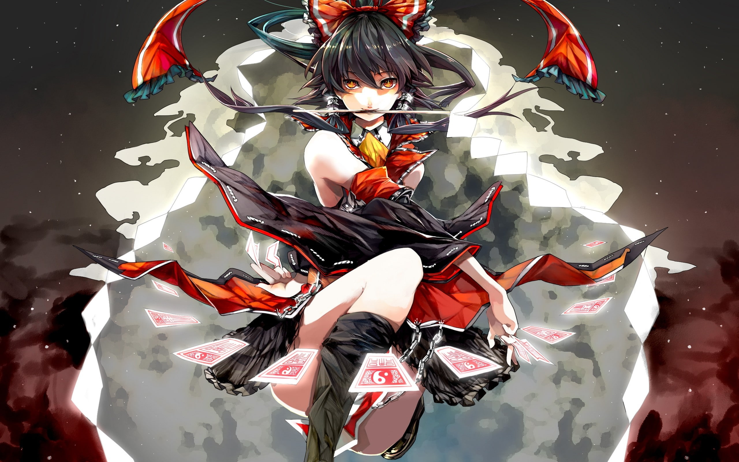 ponytails, games, miko, hair, boots, reimu, Video Games, twintails, space, chains, hd, o, flying, touhou, stars, 2K, bows, hakurei, long, video, art, HD Wallpaper