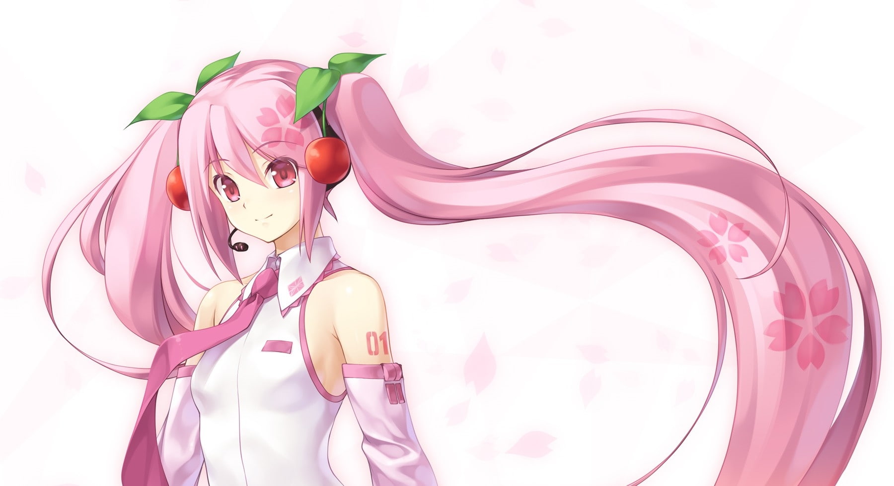ornaments, hd, art, pink, miku, twintails, sleeves, Hatsune Miku, vocaloid, hair, people, hatsune, sakura, 720P, eyes, detached, HD Wallpaper