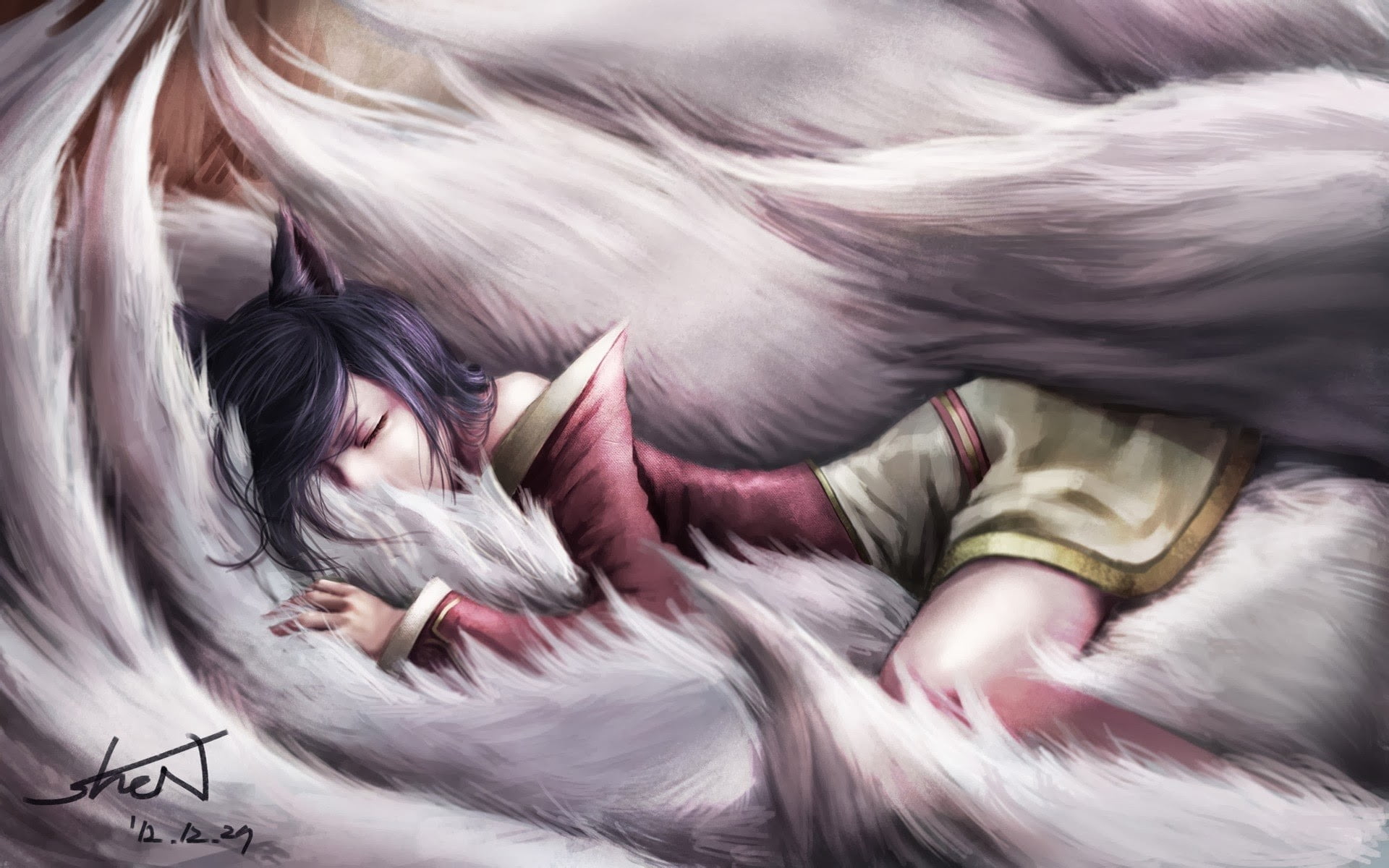 bed, lying down, resting, fox girl, eyes closed, 1080P, people, Ahri (League of Legends), headshot, indoors, mammal, women, blurred motion, sleeping, fantasy art, HD Wallpaper