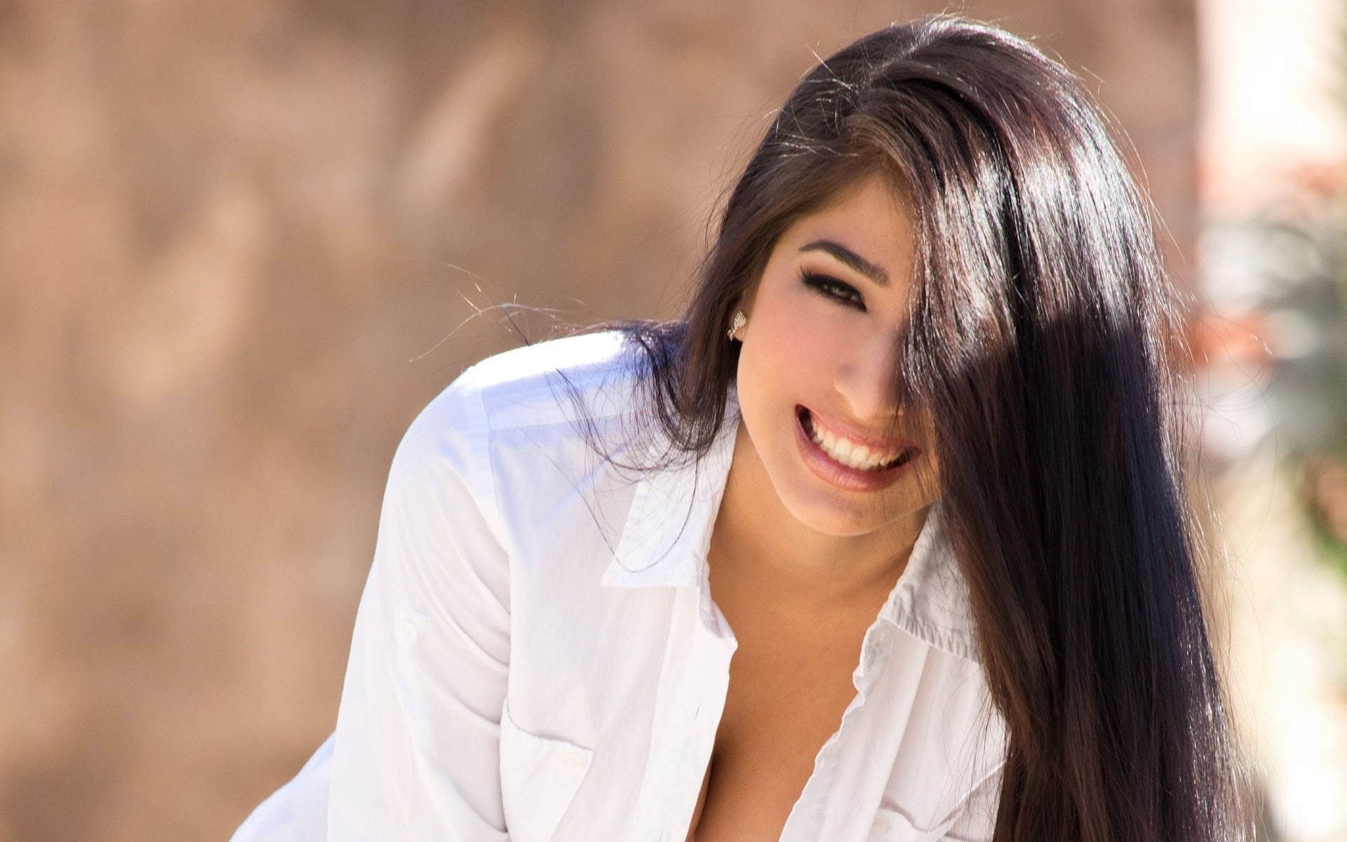 1080P, megan salinas brunette cleavage women, HD Wallpaper