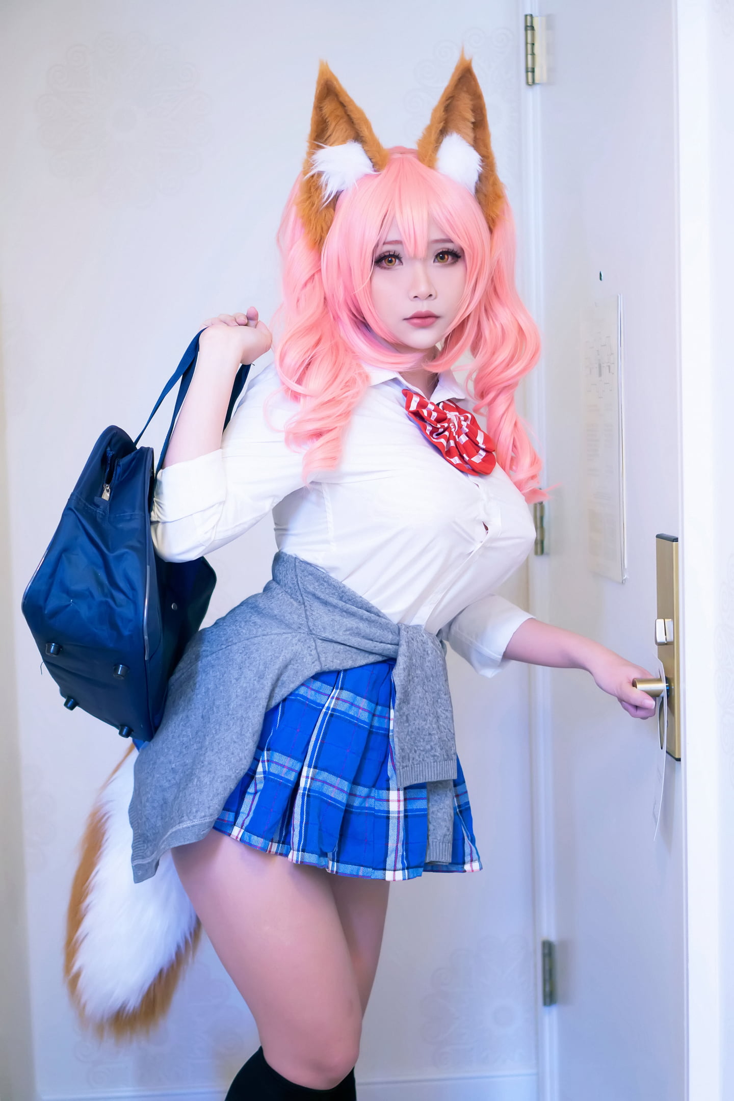 indoors, women indoors, school uniform, sweater, Hana Bunny, curvy, Tamamo no Mae (fate/grand order), cosplay, Fate/Grand Order, Asian, women, looking at viewer, Phone HD Wallpaper