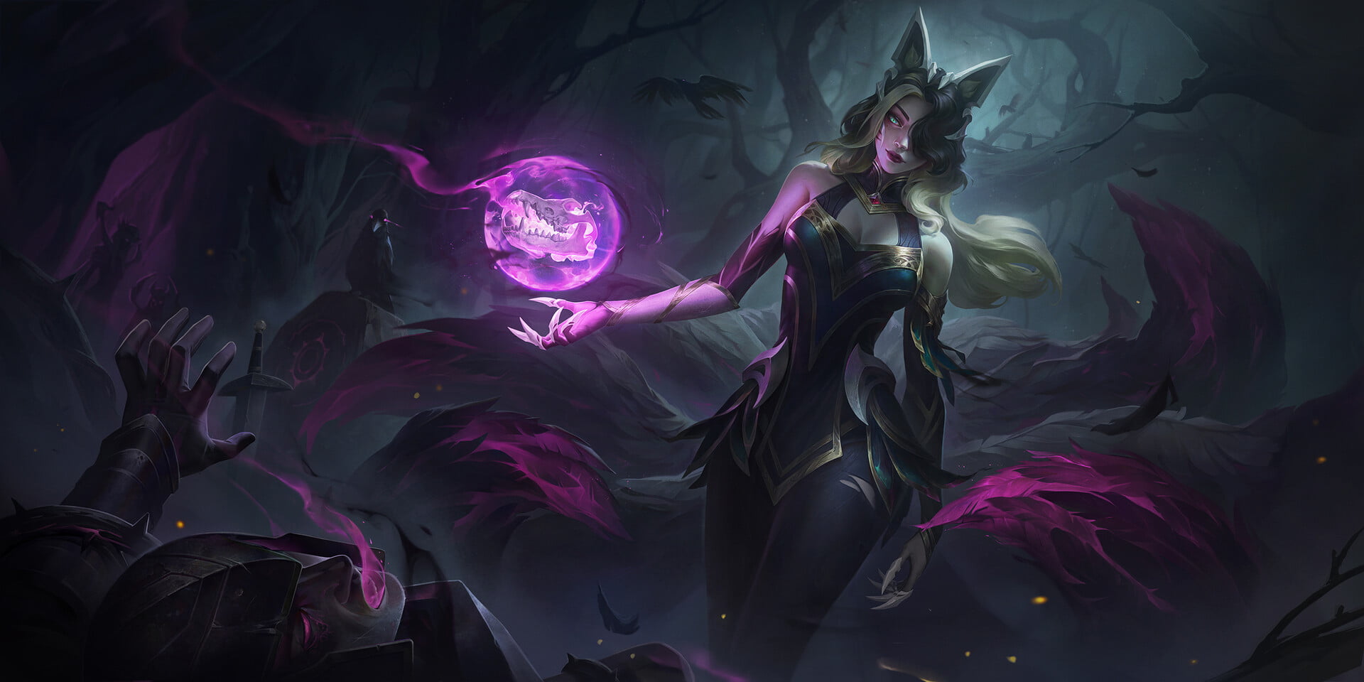 dark, nine tails, hair over one eye, Ahri (League of Legends), Huyy Nguyen, women, 1080P, drawing, video game art, spell, fox girl, death, League of Legends, HD Wallpaper
