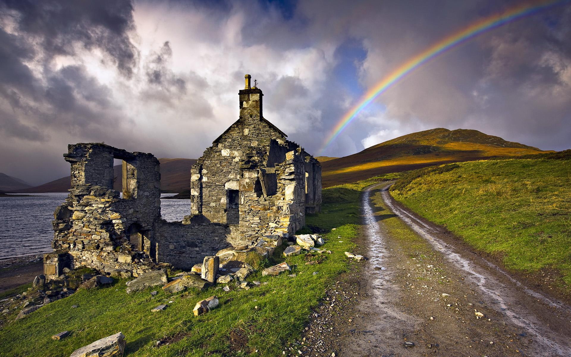 over, hills, rainbow, nature, 1080P, landscape, HD Wallpaper