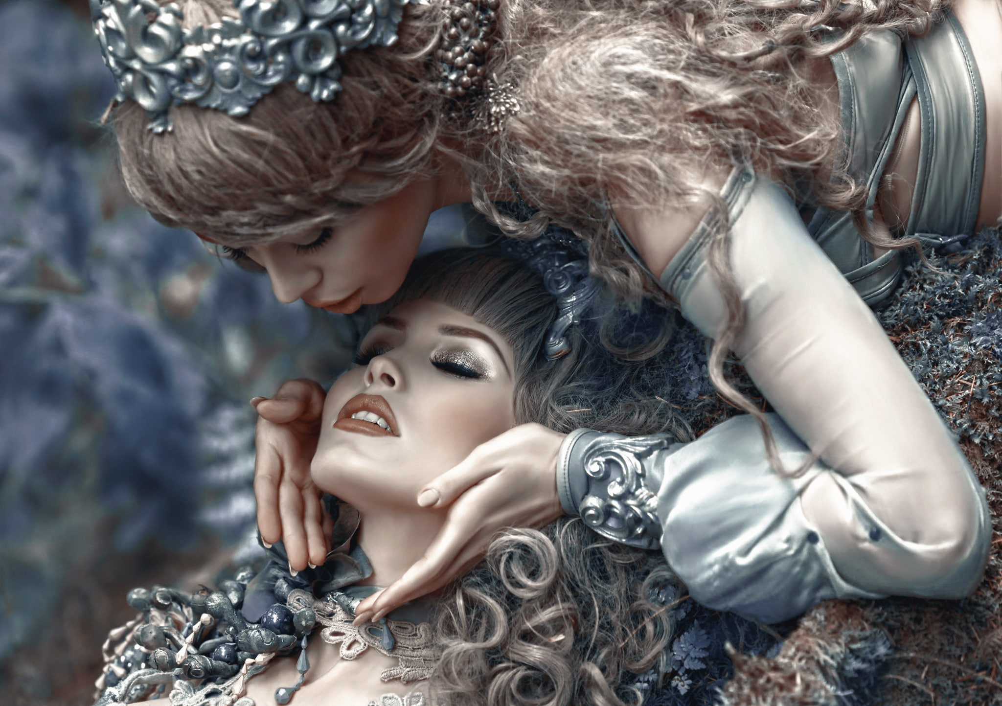 Agnieszka Lorek, Ophelia Overdose, art, two girls, Lavender Love, 1080P, HD Wallpaper