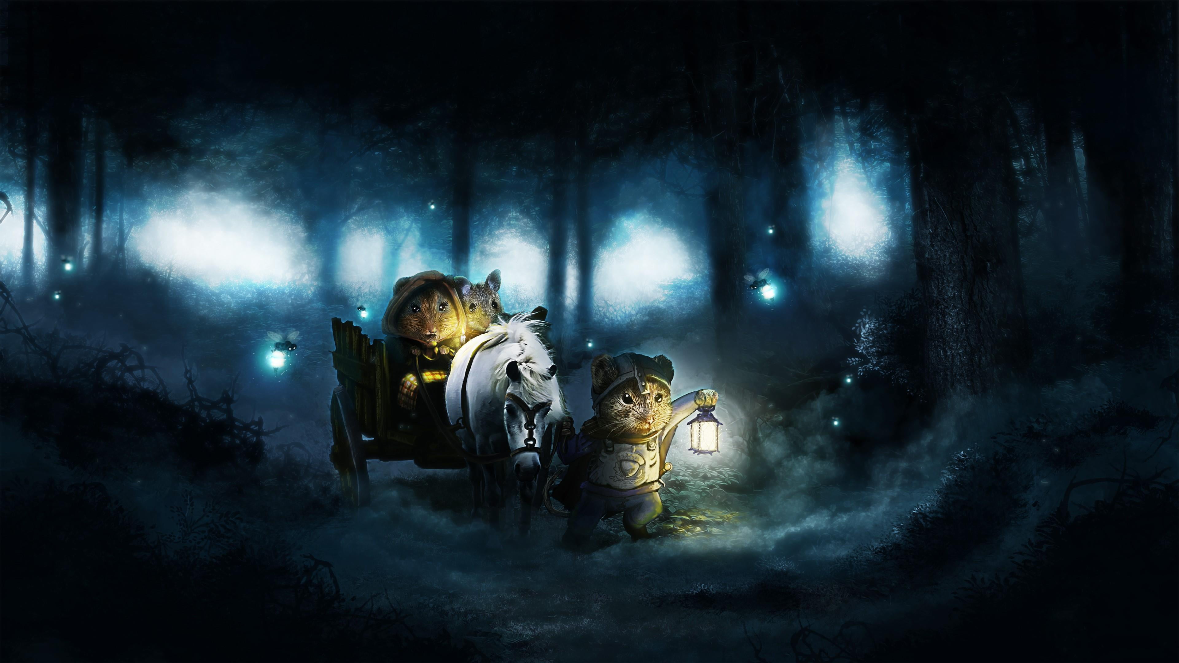 fairytale, clothing, woods, two people, water, illuminated, smoke - physical structure, standing, 4K, competition, art, midnight, brave, outdoors, artwork, HD Wallpaper