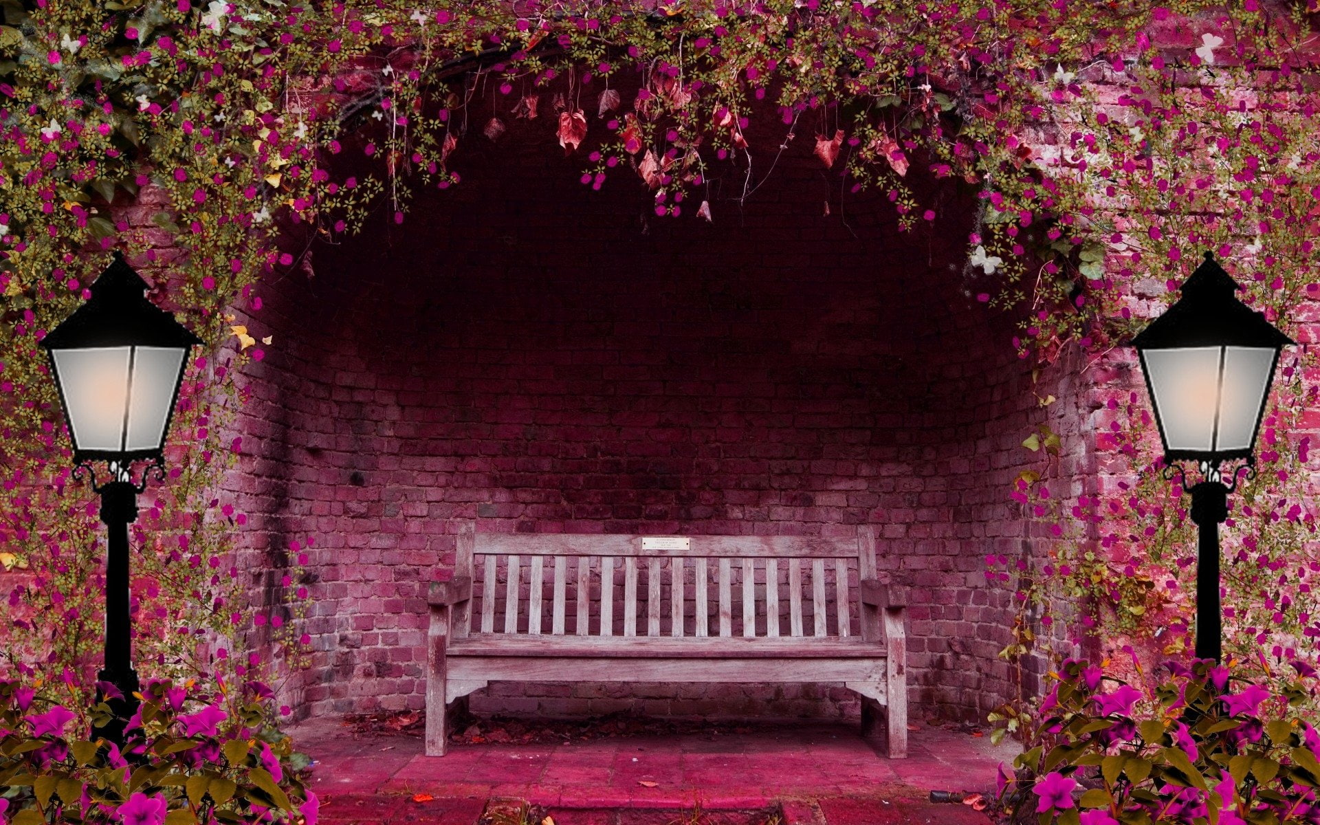 Garden, Street Light, Pink Flower, Bench, Lamp Post, Green, Artistic, 1080P, Fantasy, Flower, Leaf, HD Wallpaper