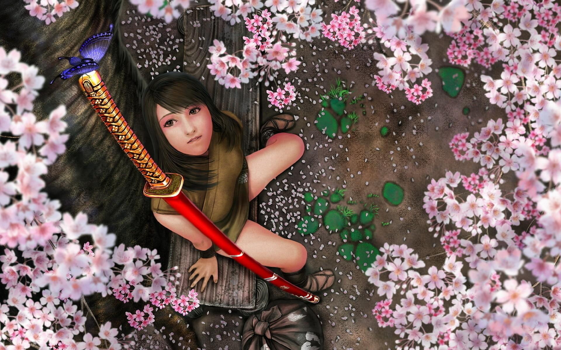 sword, garden, flowers, pink, fantasy, butterfly, 1080P, samurai, HD Wallpaper
