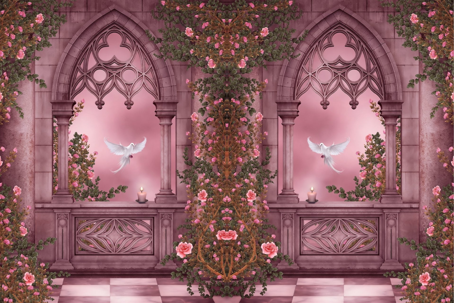 Vine, White, Artistic, Candle, Arch, Dove, Pigeon, Gothic, 1080P, Rose, Bird, Fantasy, Pink, Garden, Columns, HD Wallpaper