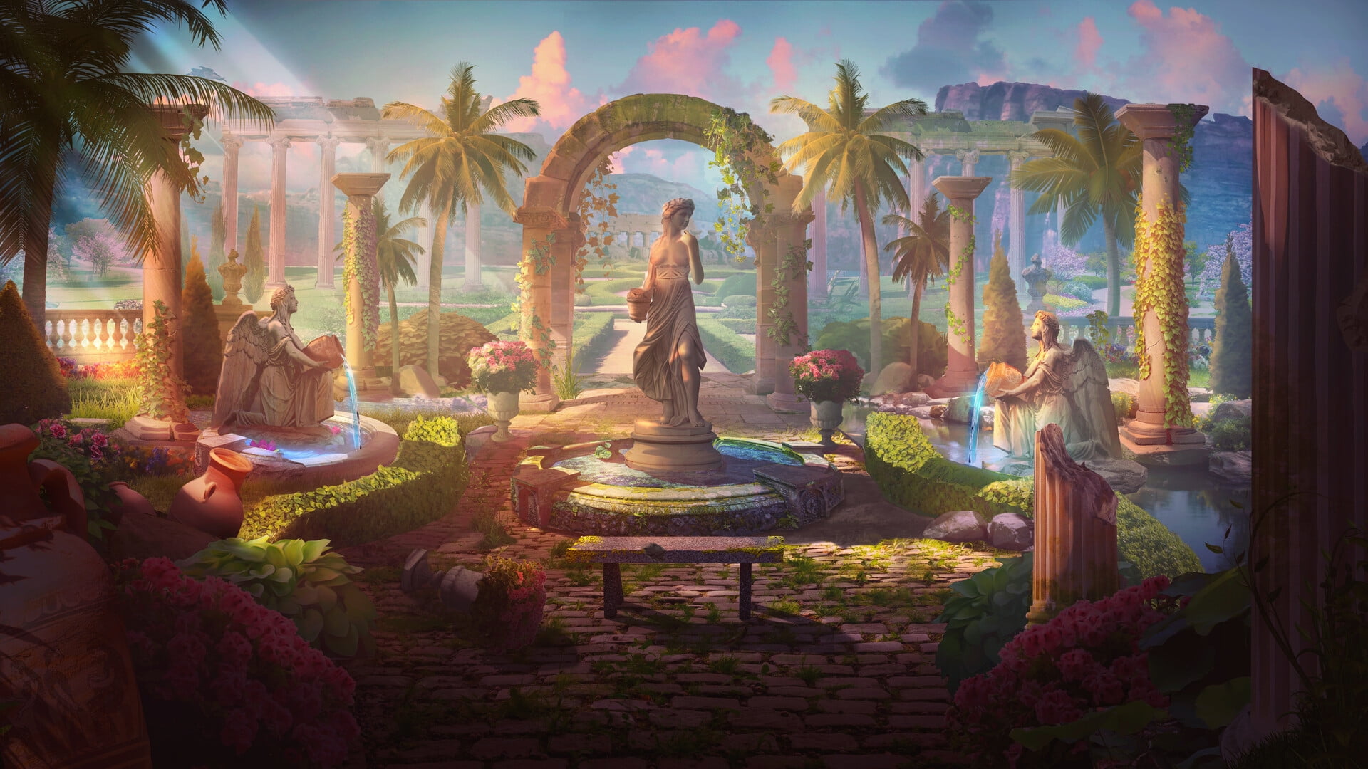 1080P, fantasy art, palm trees, garden, statue, HD Wallpaper