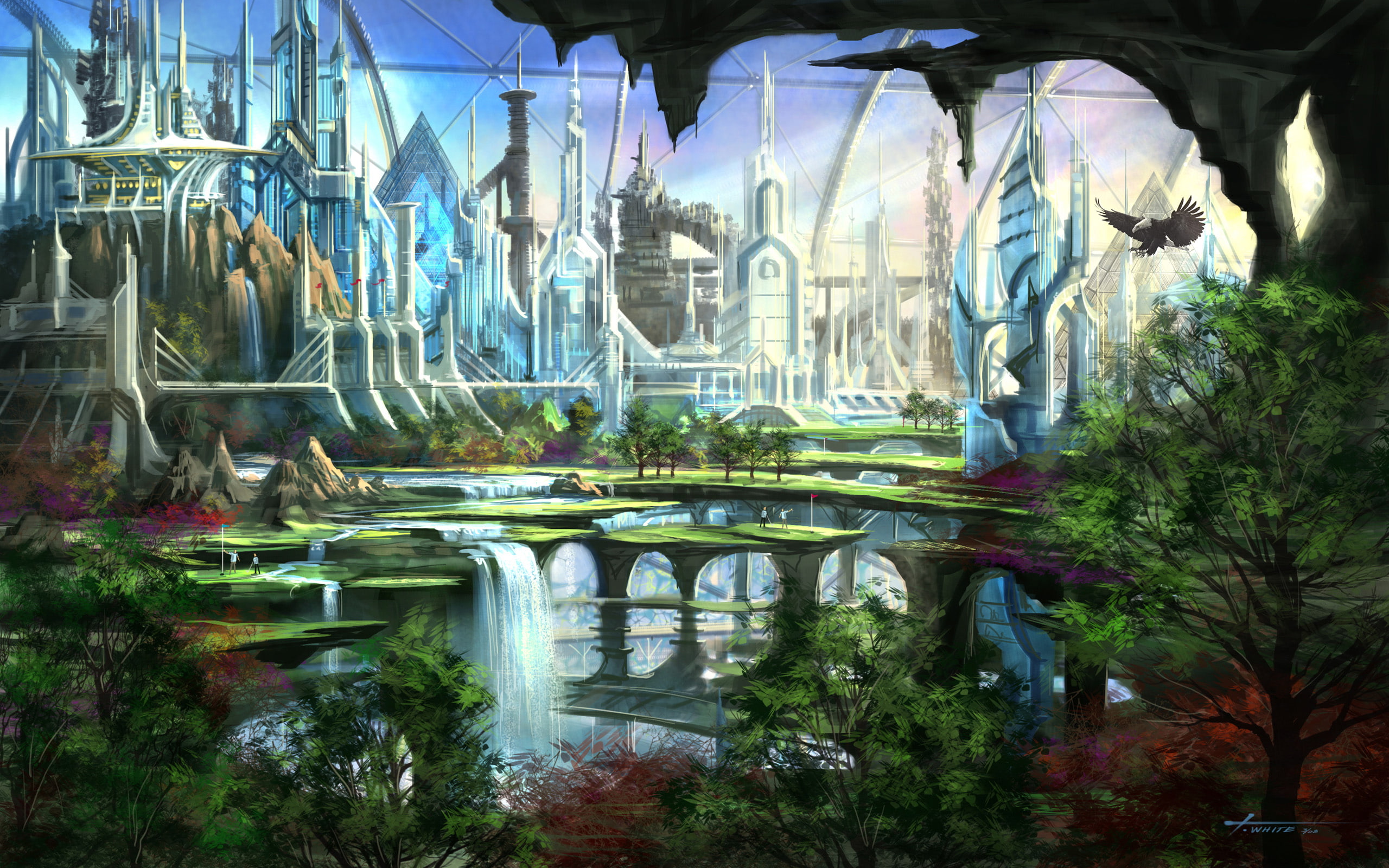 futuristic, fantasy, garden, 2K, cityscapes, art, waterfalls, HD Wallpaper