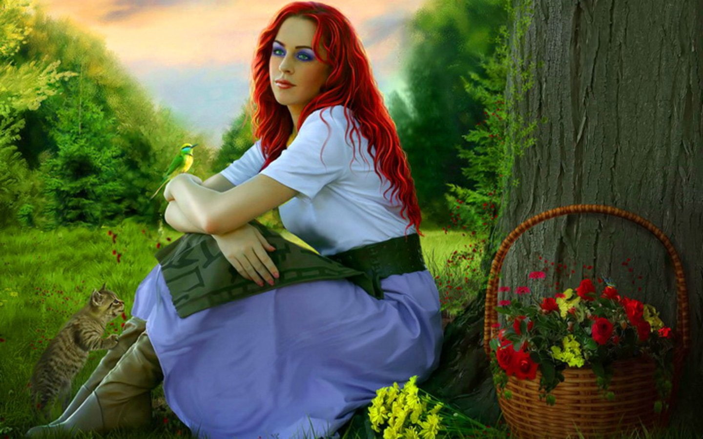 Women, Cat, Fantasy, Garden, Bird, Alone, Woman, 720P, HD Wallpaper
