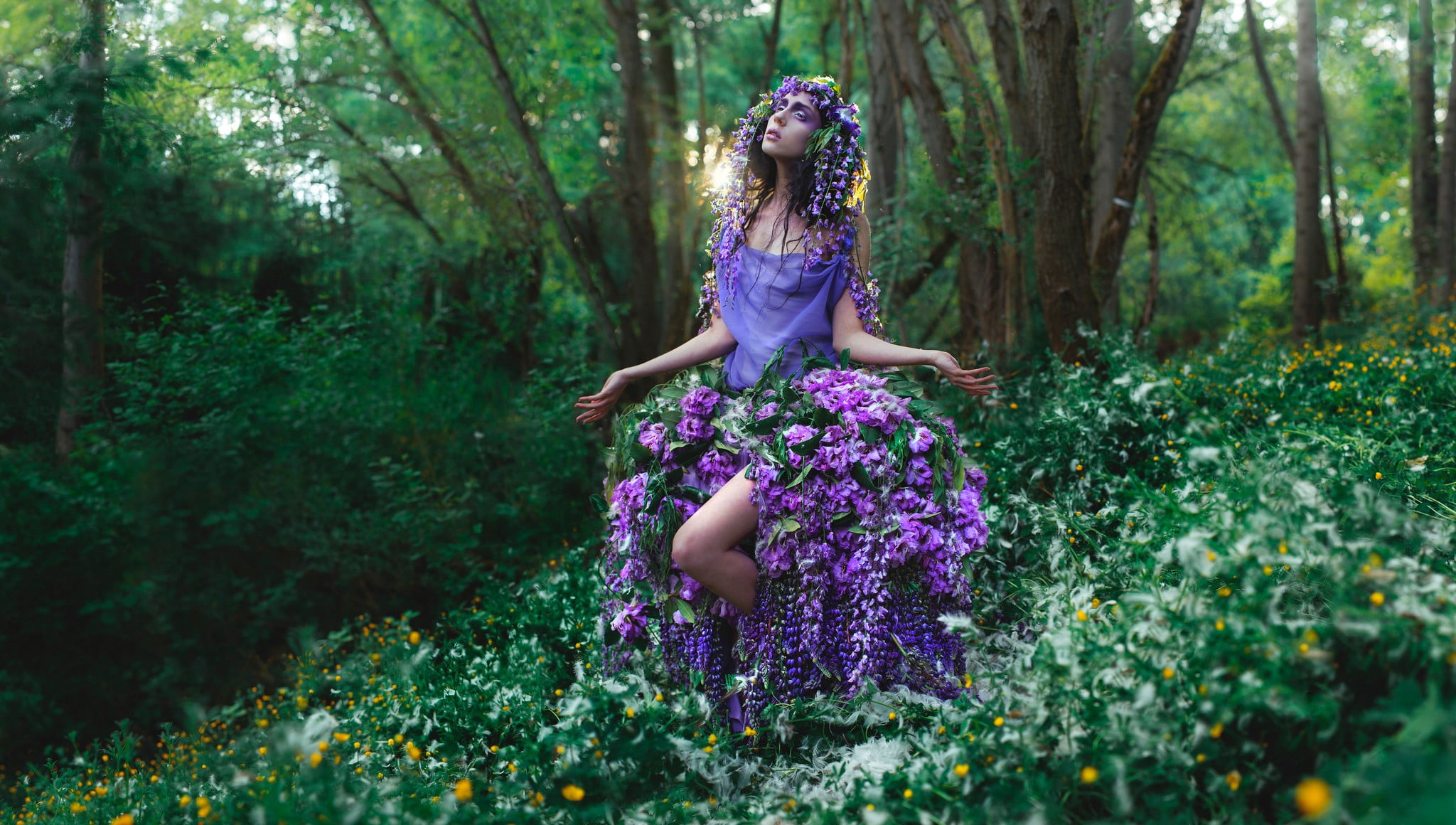 1080P, forest, fashion, spring, lifestyles, adult, model, tree, symbolism, green color, hairstyle, Flower Dress, long hair, purple clothing, three quarter length, HD Wallpaper