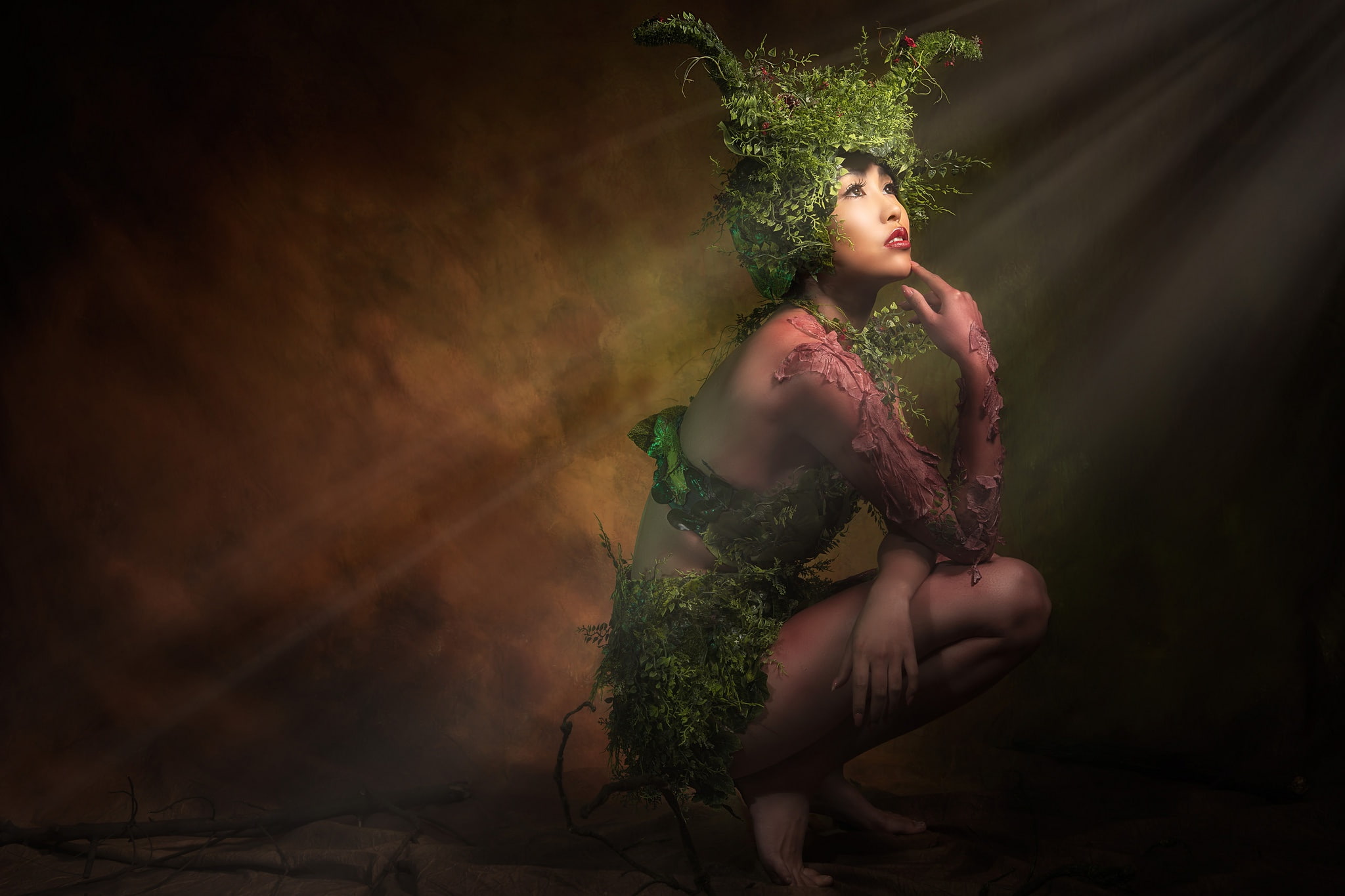 light, headdress, twilight, face, hands, 1080P, Asian, plants, greens, darkness, design, girl, horns, pose, background, wall, flowers, nymph, the dark background, HD Wallpaper