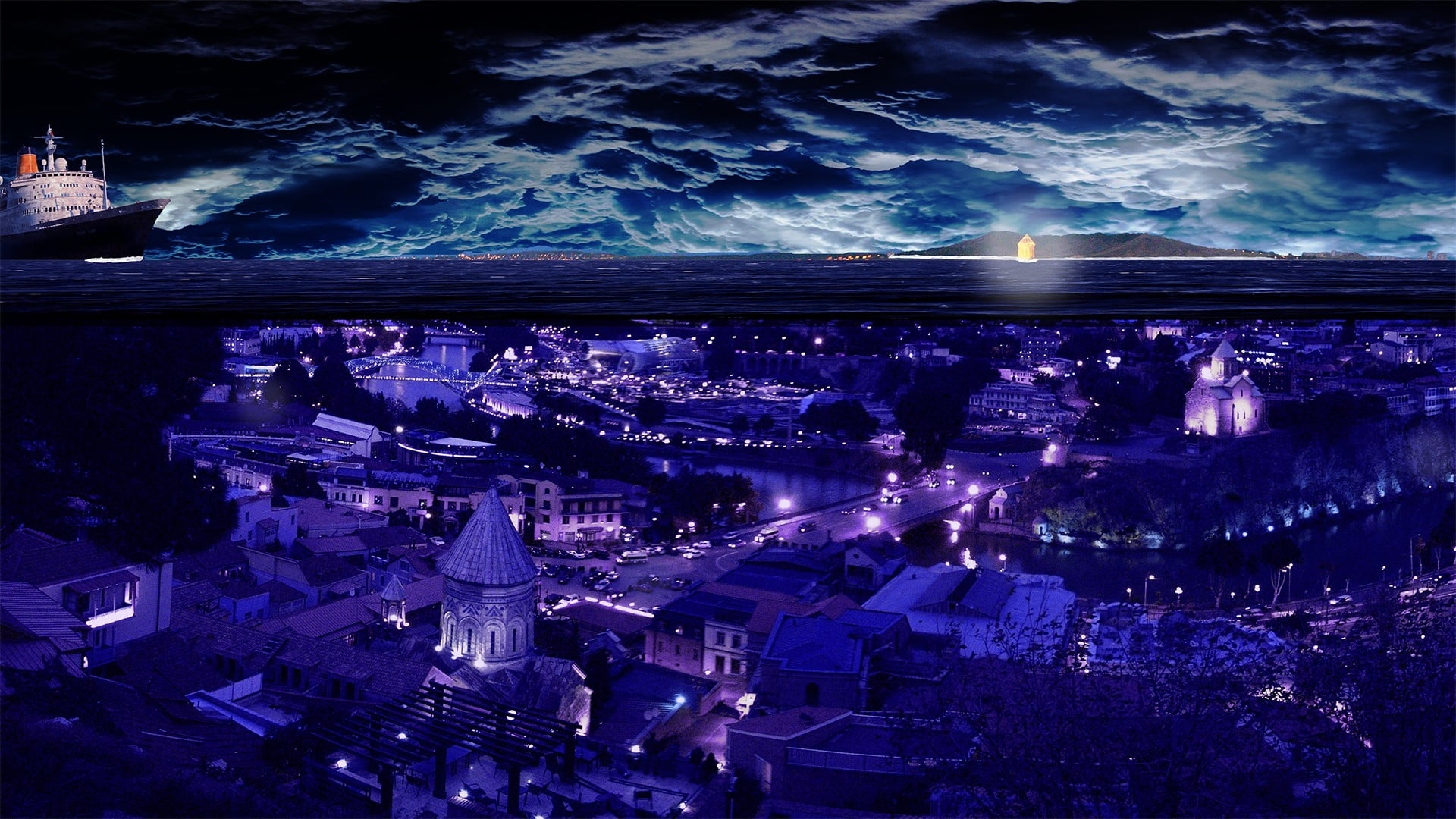 city life, aerial view, architecture, underwater, purple, cityscape, skyline, city, crowd, blue, building, town, Tbilisi, nature, illuminated, built structure, HD Wallpaper