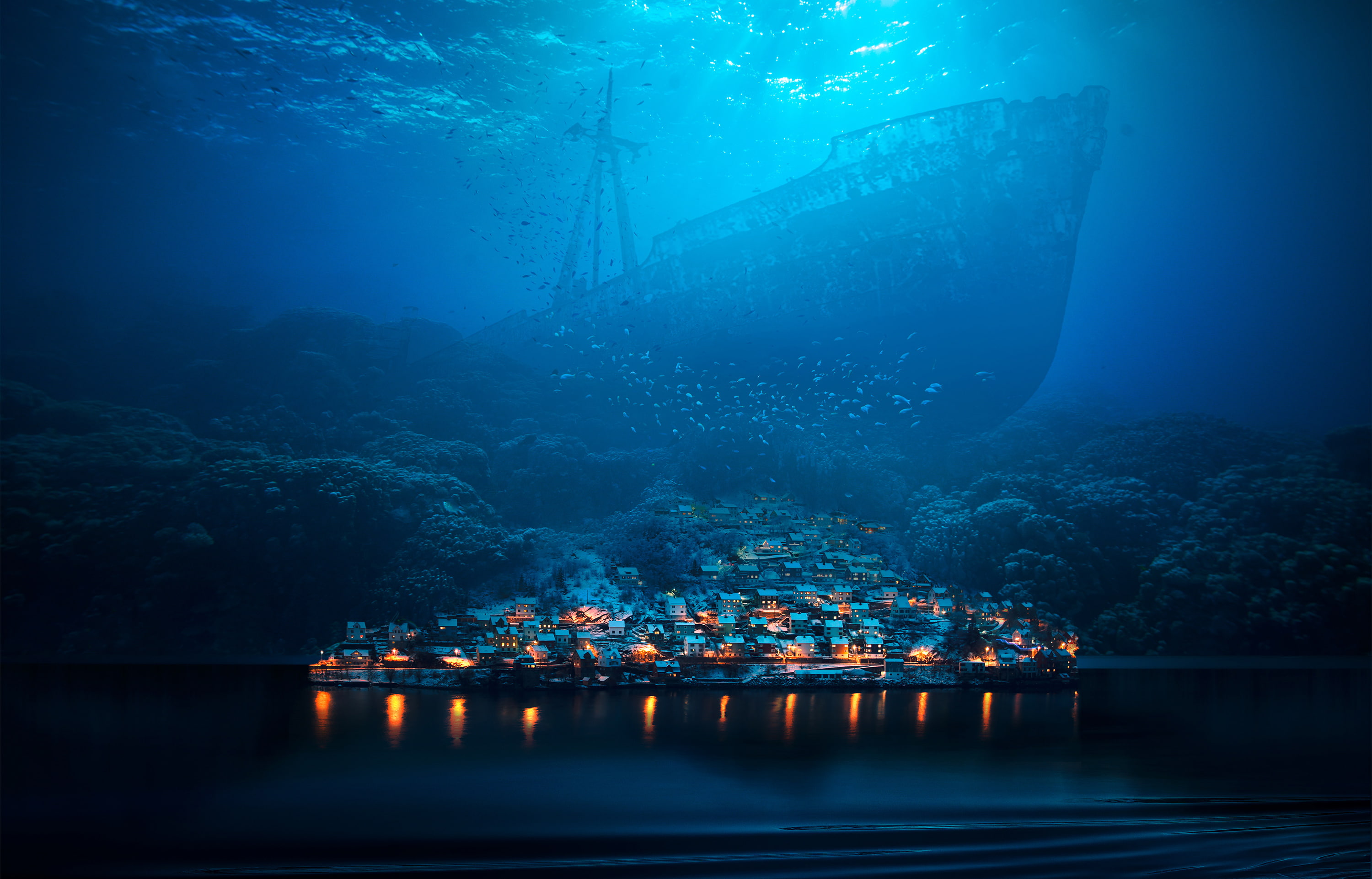 City, 2K, Digital art, Fishes, Underwater, Abyss, HD Wallpaper