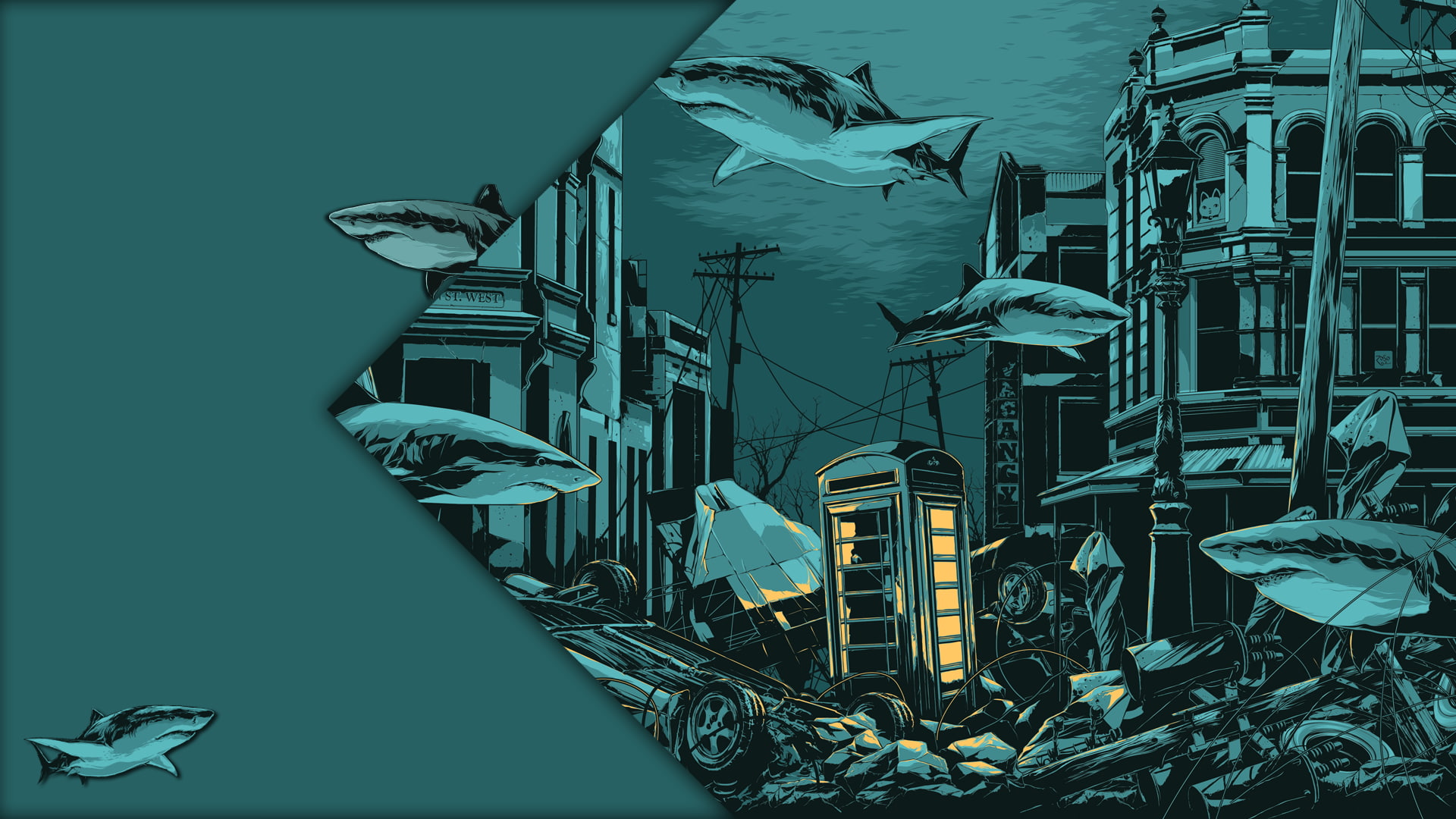animals, fantasy, music, billy talent, entertainment, 1080P, green, underwater, cities, shark, bands, artistic, HD Wallpaper