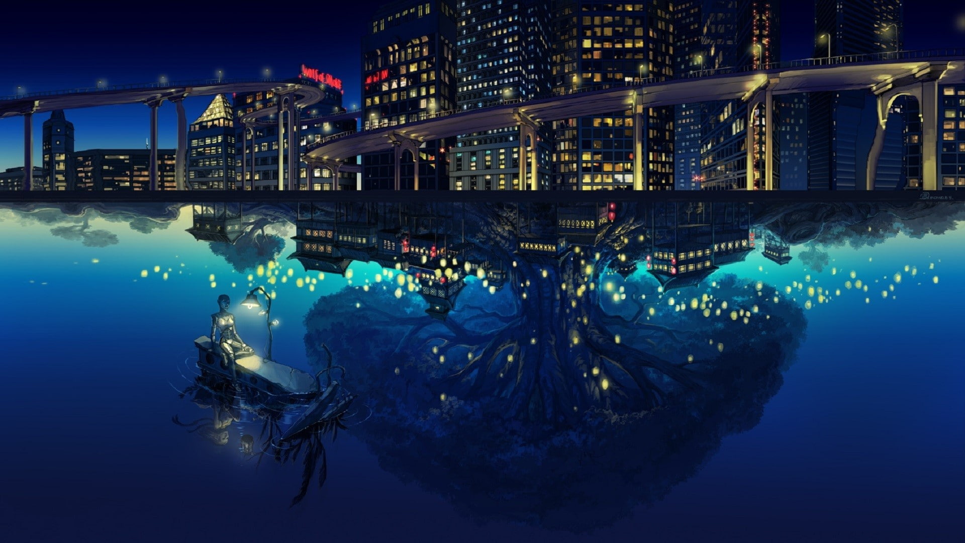 skyscraper, swimming, night, blue, office building exterior, illuminated, floating on water, water, outdoors, sky, architecture, reflection, nature, 1080P, HD Wallpaper