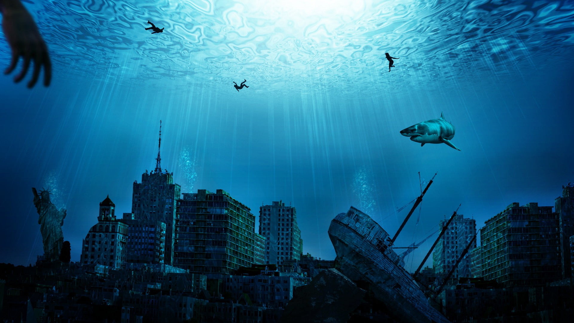 nature, building exterior, destruction, 1080P, ruin, white, architecture, no people, cityscape, ruins, flying, post, apocalyptic, shark, built structure, HD Wallpaper
