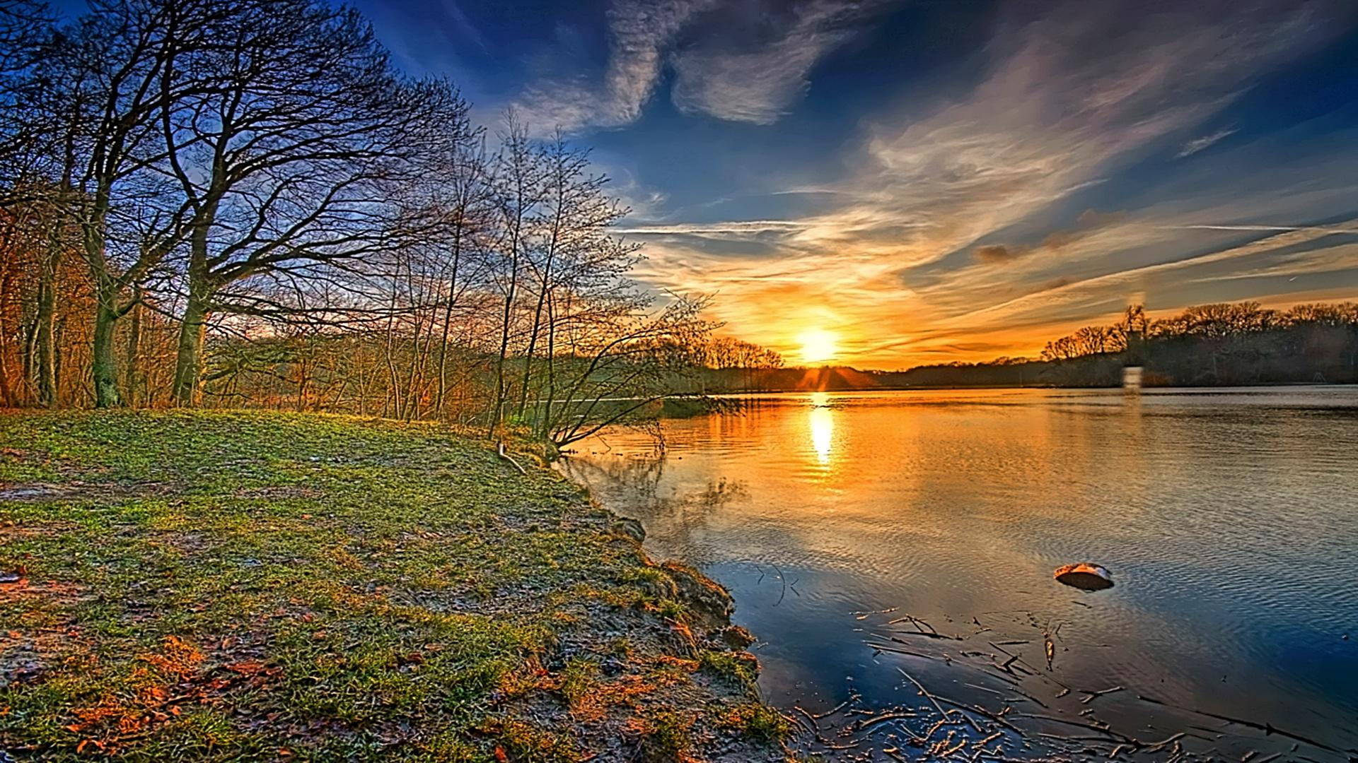 sunset, 3d and abstract, reflection, trees, lake, dawn, 1080P, land, dreamers, HD Wallpaper