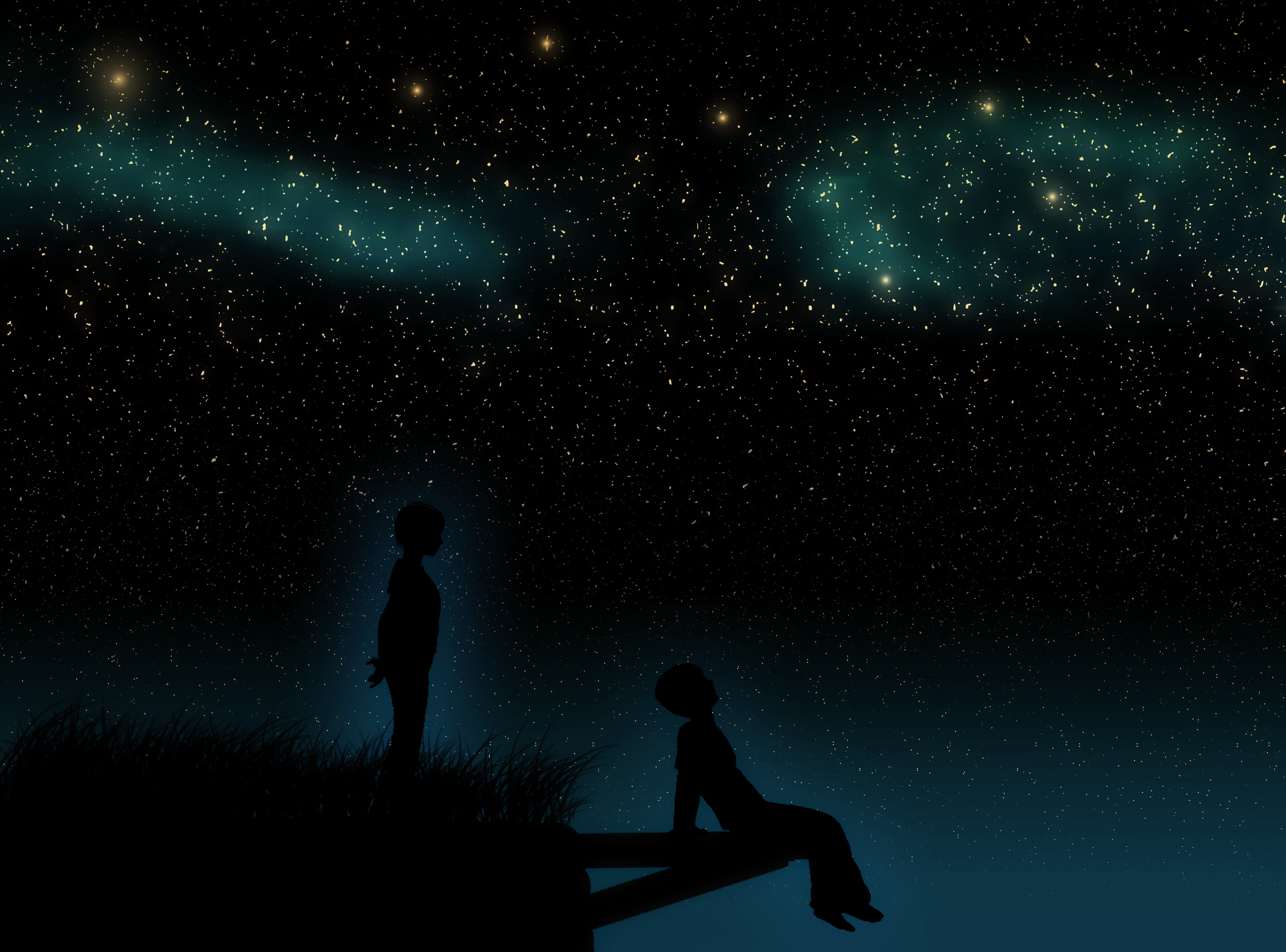 galaxy, fun, females, two people, children, dreamers, silhouettes, lifestyles, nature, girls, star field, two, sport, star, space, constellation, astronomy, HD Wallpaper
