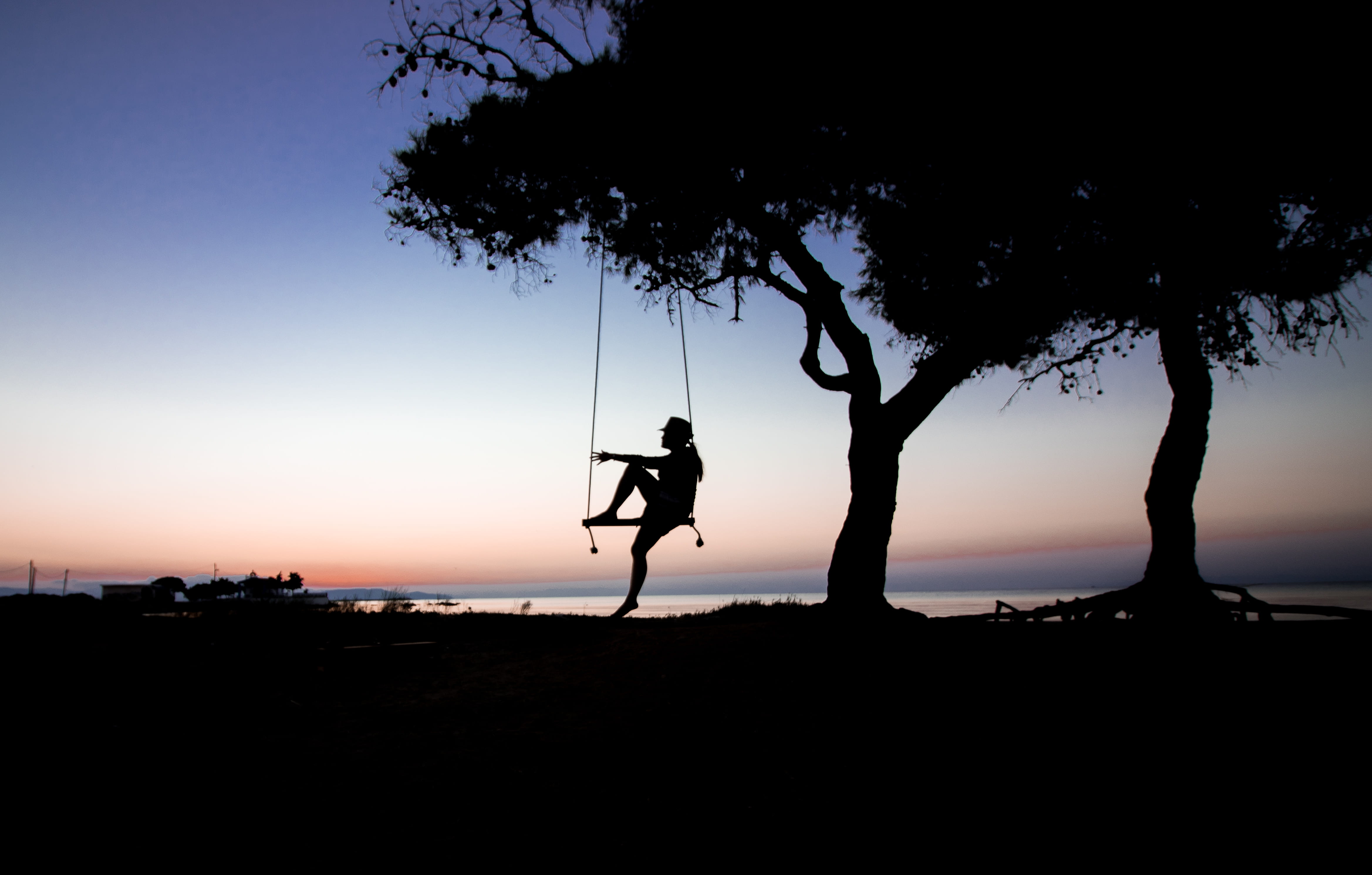 swing, plant, silhouette, nature, sunset, person, lifestyles, riding, full length, water, sunrise, body, near, beauty in nature, one person, men, outdoors, HD Wallpaper