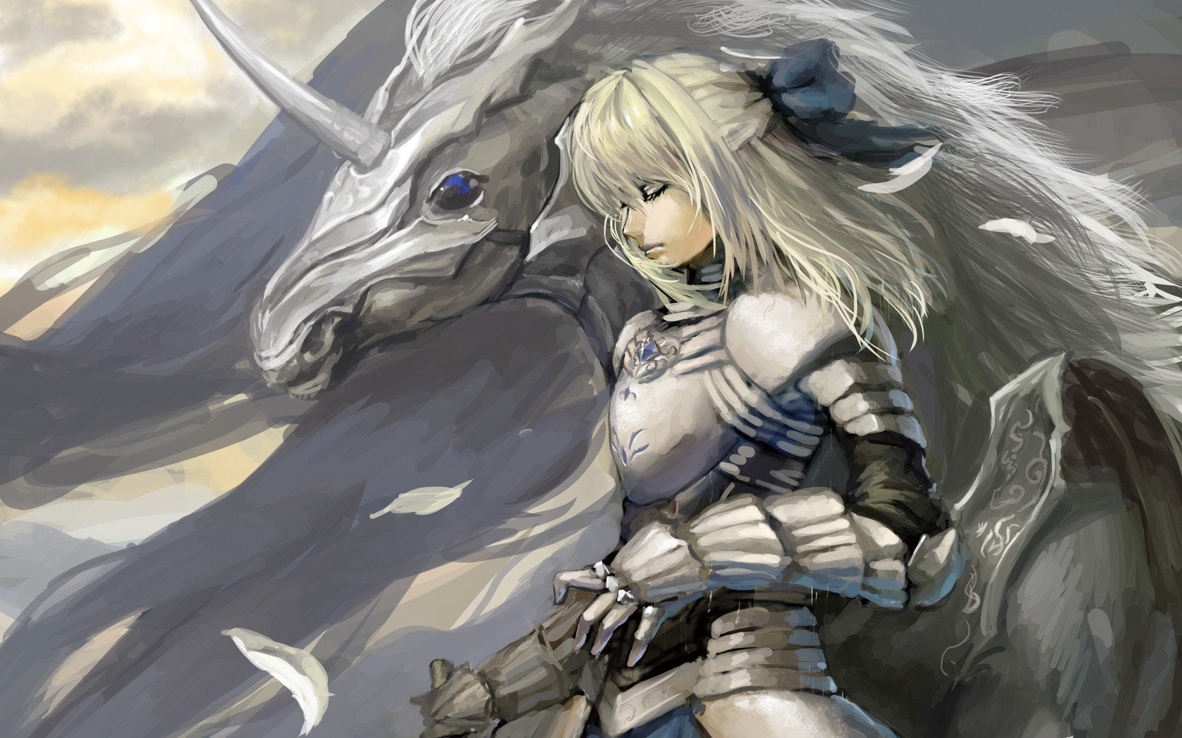girl, 720P, horse, art, warrior, blonde, wings, unicorn, HD Wallpaper