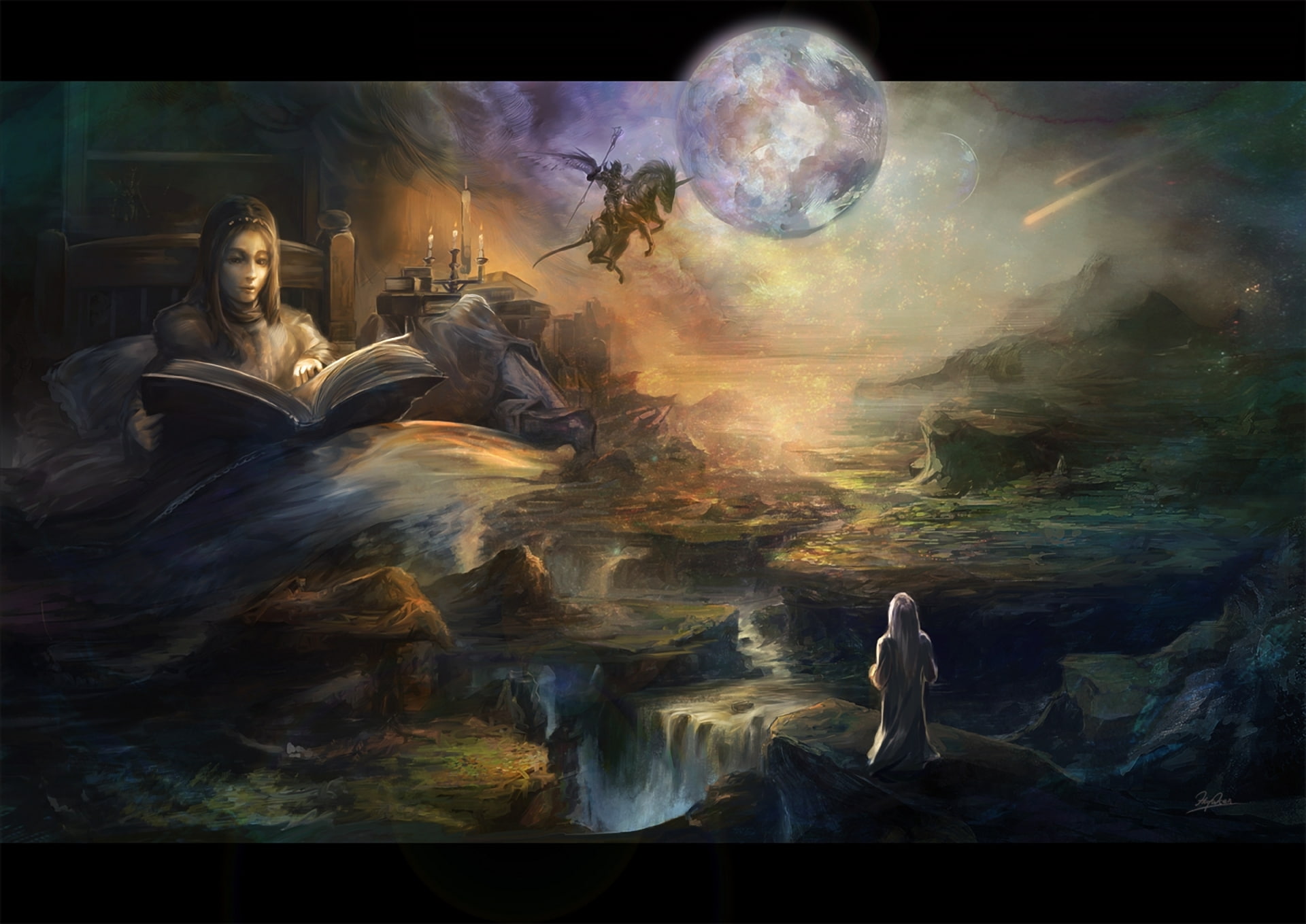 Candle, Moon, 1080P, fairy, girl, Rider, art, bed, wings, Comets, Book, Unicorn, landscape, HD Wallpaper