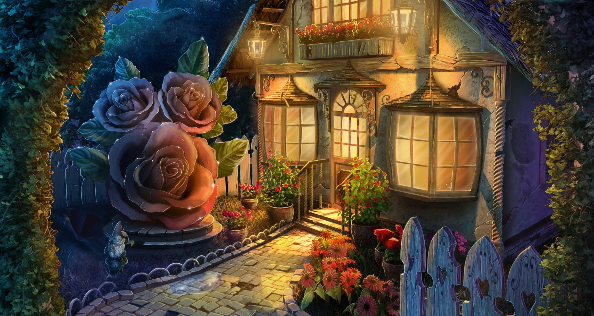 house, light, Windows, 1080P, gnome, art, flowers, HD Wallpaper