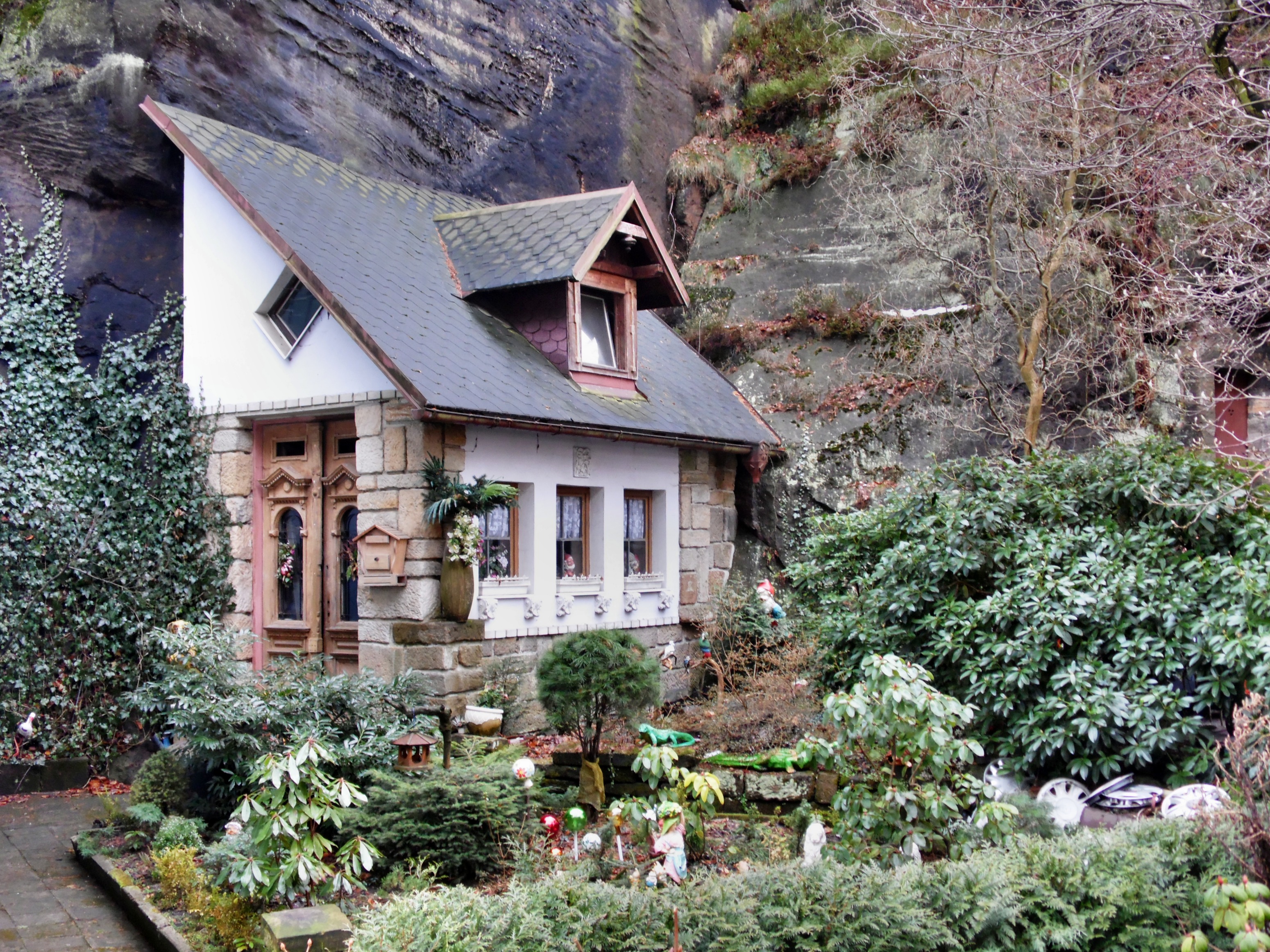 house, outdoors, nature, rock, wood - material, residential district, building, growth, rock - object, tree, roof, green color, garden gnome, building exterior, HD Wallpaper
