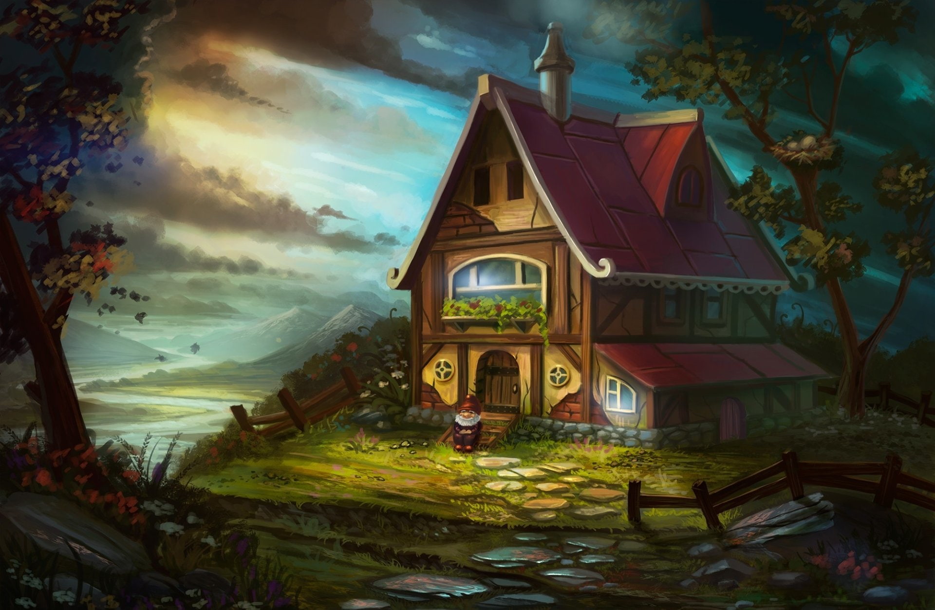 House, Painting, Gnome, Artistic, 1080P, Landscape, HD Wallpaper