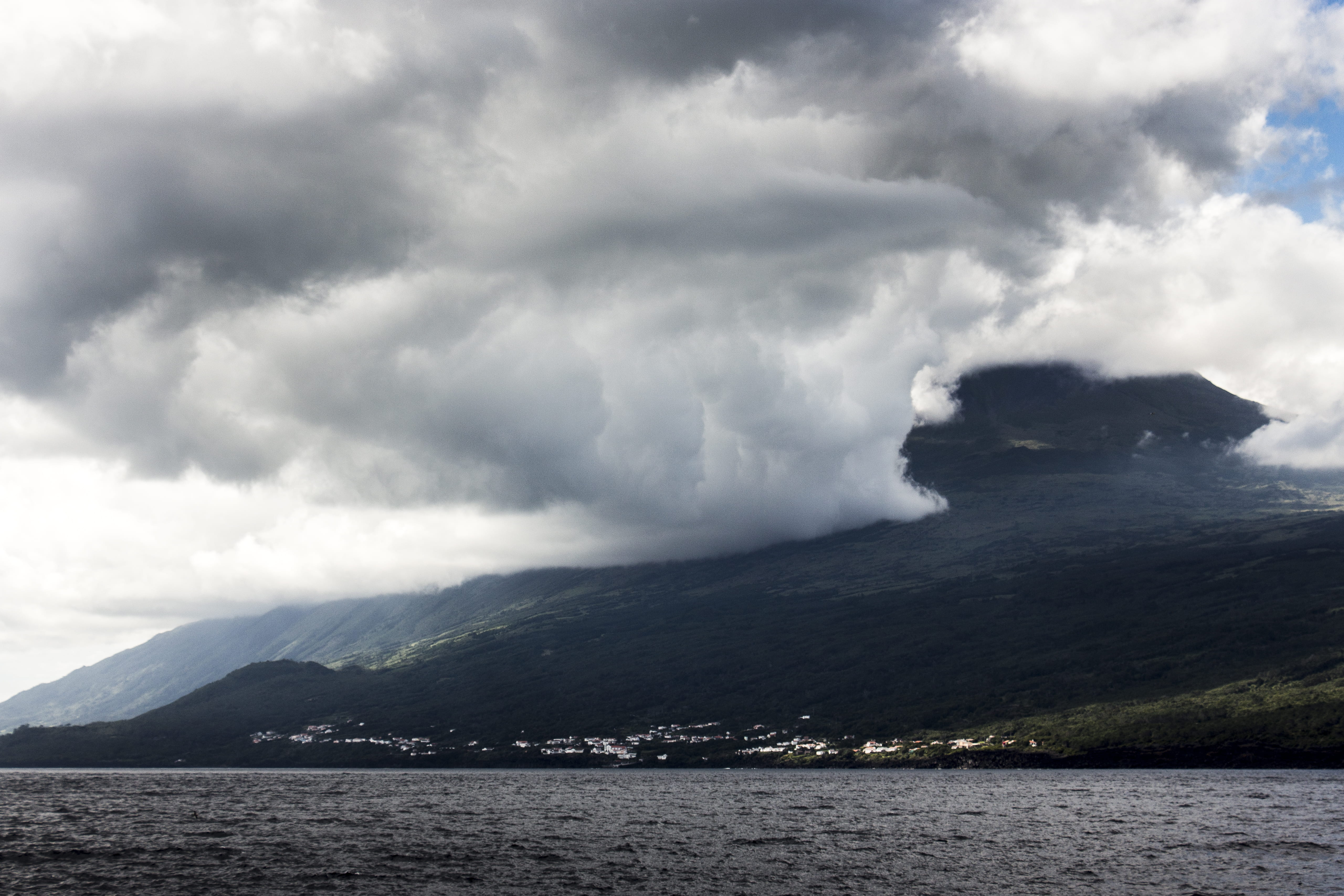 boat, cloud - sky, island, mountain range, water, land, blue, sea, mountain, environment, green, nature, azores, sky, ominous, epic, portugal, waterfront, HD Wallpaper