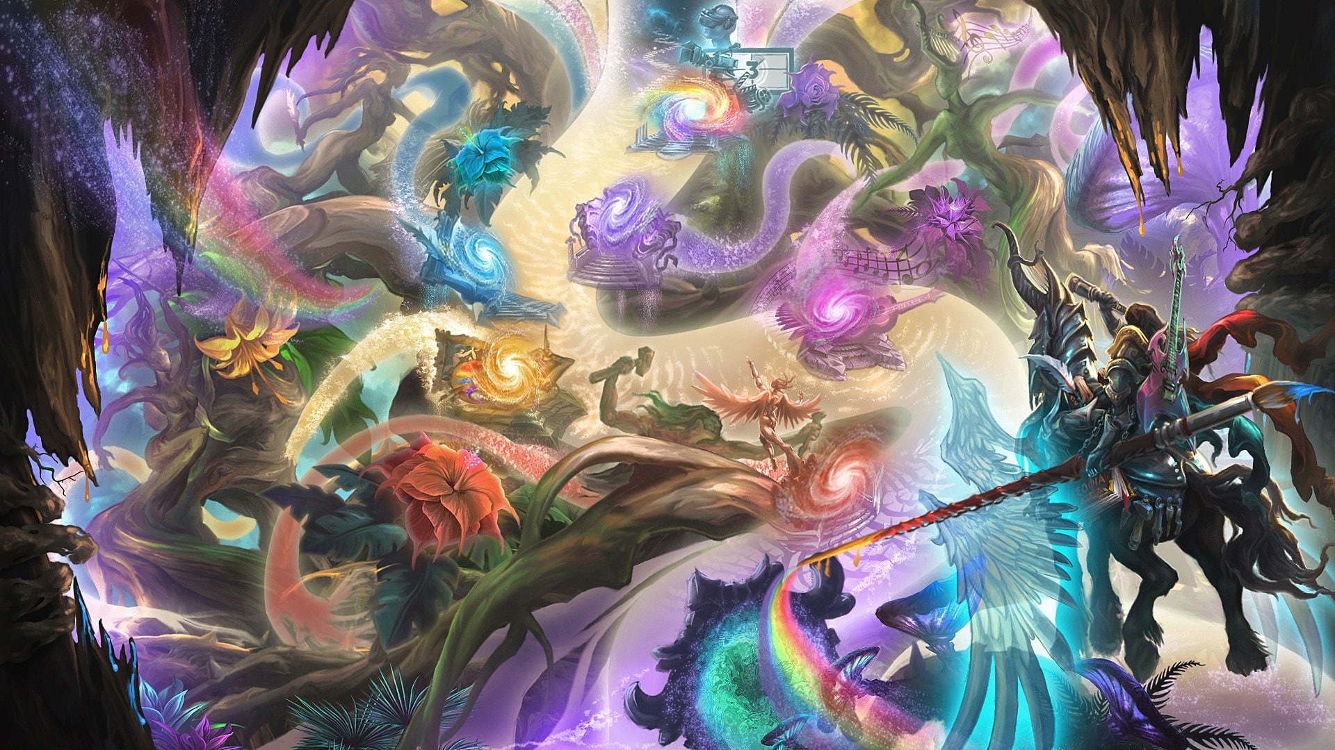 Dreamworld, Fantasy, Knight, Magic, 1080P, Artistic, Galaxy, Rainbow, Flower, Tree, HD Wallpaper
