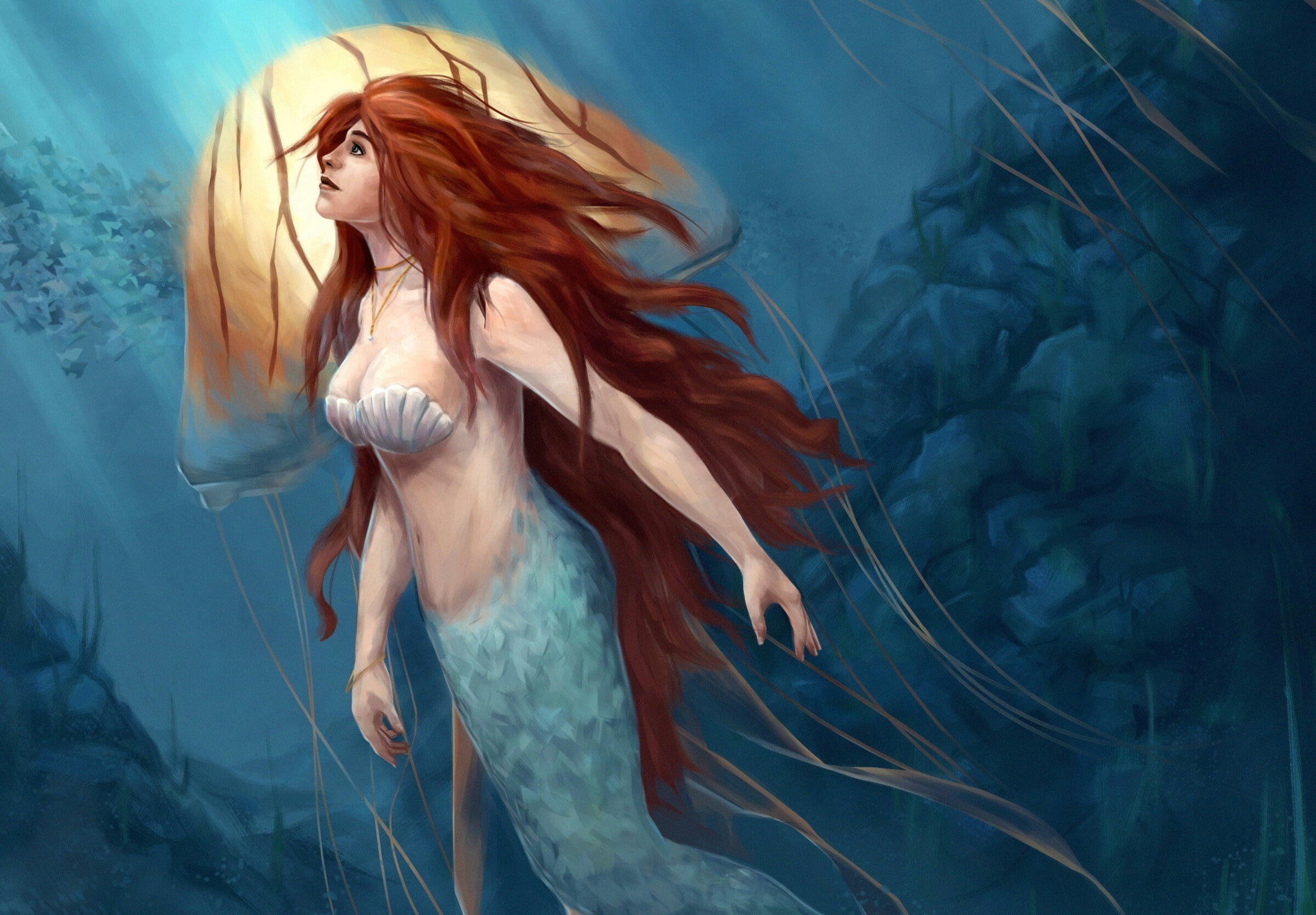 underwater, fantasy girl, 1080P, fantasy art, mermaids, HD Wallpaper