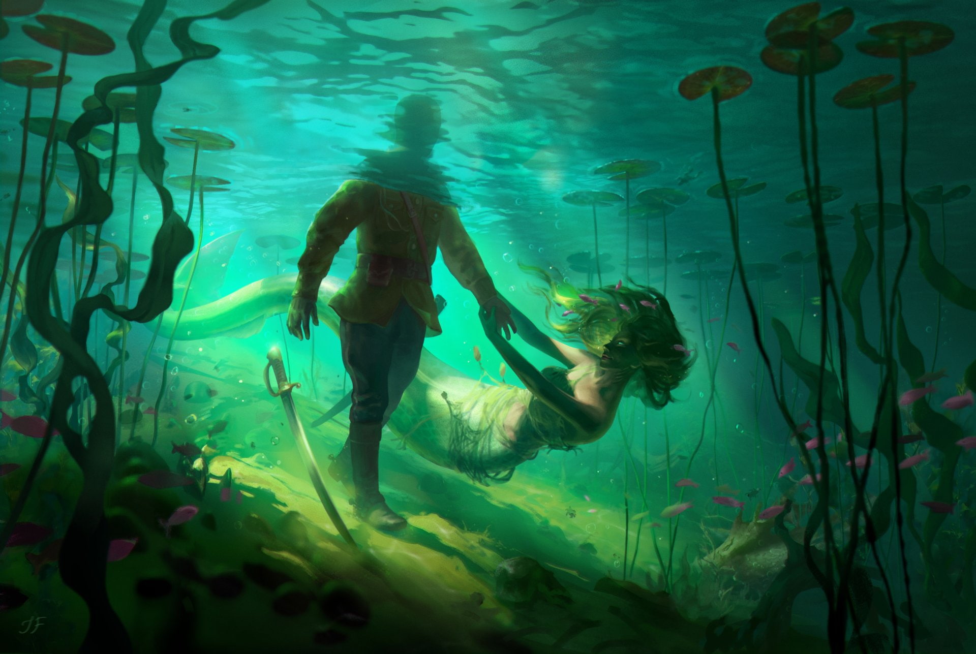 Girl, Underwater, Fantasy, Mermaid, Creature, 1080P, Green Hair, HD Wallpaper