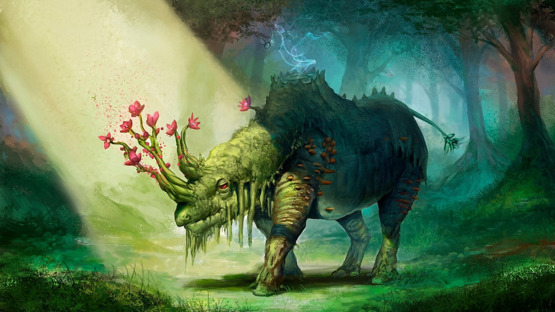 sunlight, animal wildlife, 1080P, rhino, tree, dinosaur, animal, forest, green color, creature, art, representation, horn, no people, organism, plant, HD Wallpaper