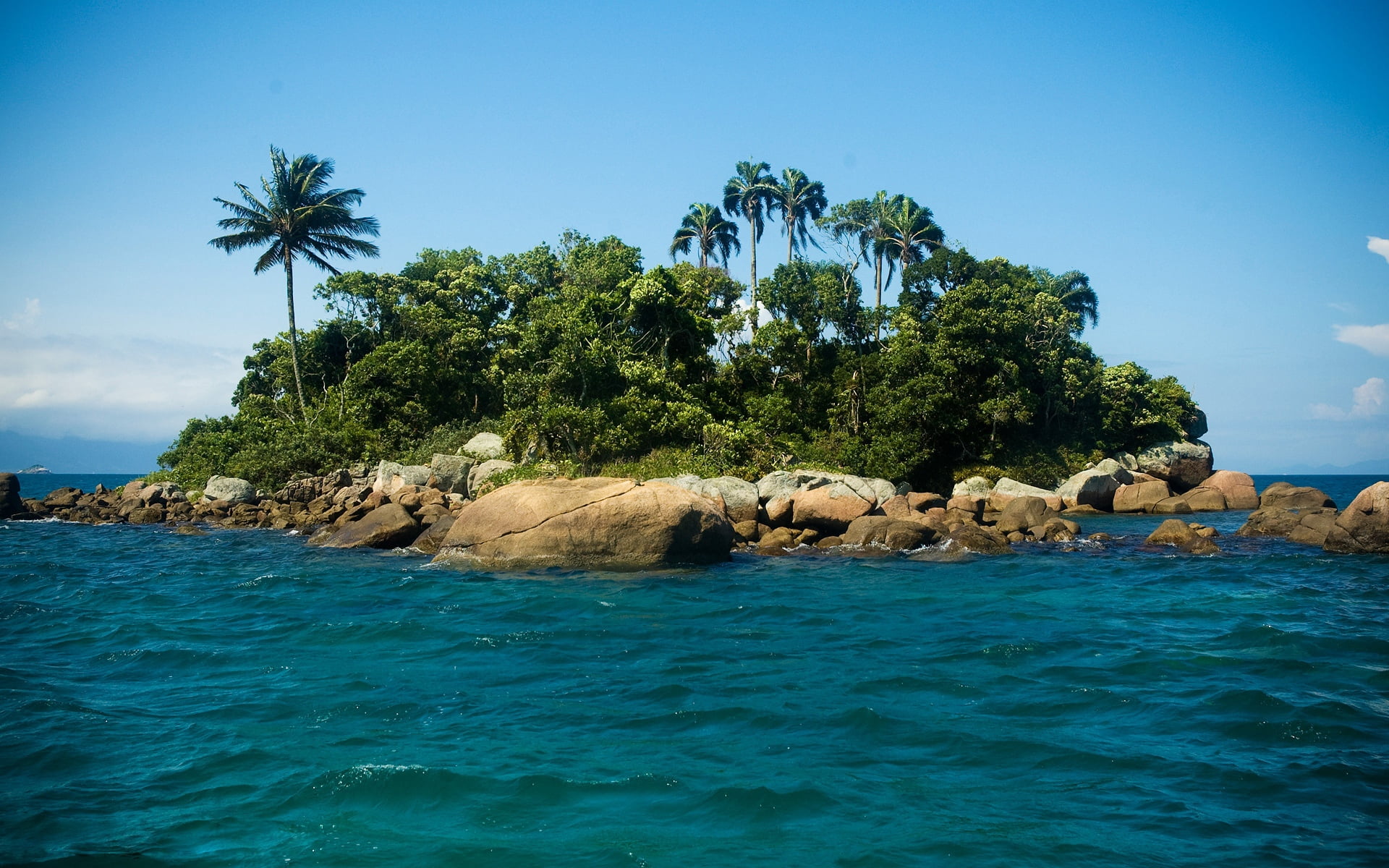 green, water, brown, relaxation, day, sea, nature, vegetation, turquoise Colored, 1080P, tropical Climate, rock - Object, landscape, cloud - Sky, palm trees, HD Wallpaper