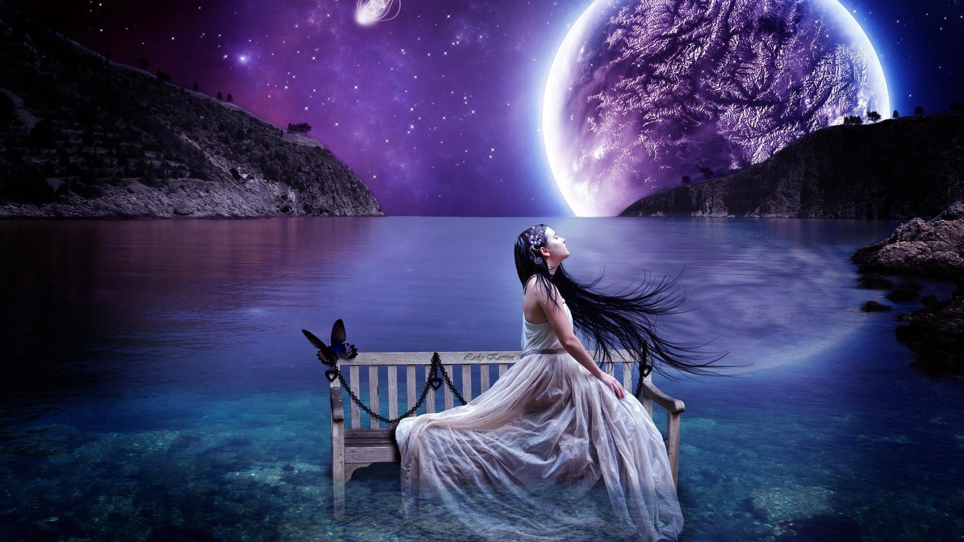 planet, woman, 1080P, dream, butterfly, fantasy art, bench, starry night, HD Wallpaper