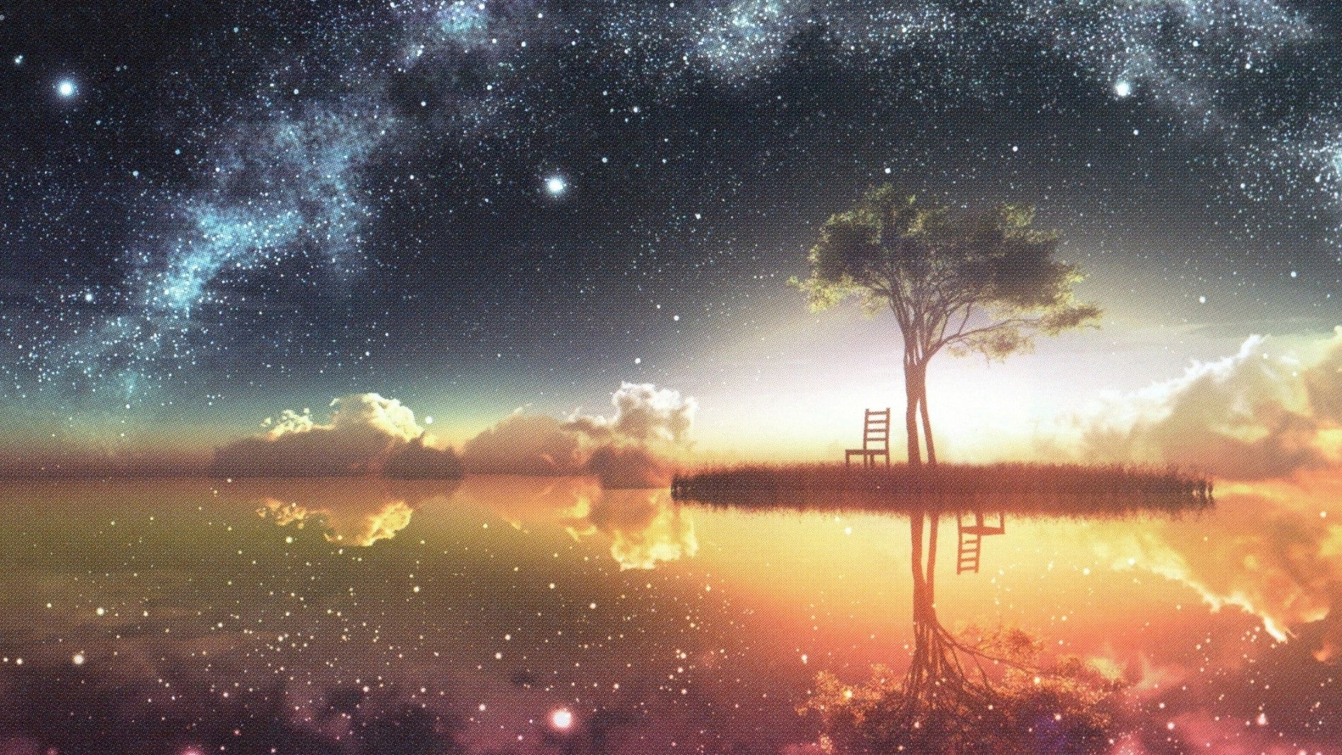 isand, milky way, clouds, 1080P, starry, fantasy art, dream, reflected, seat, tree, HD Wallpaper