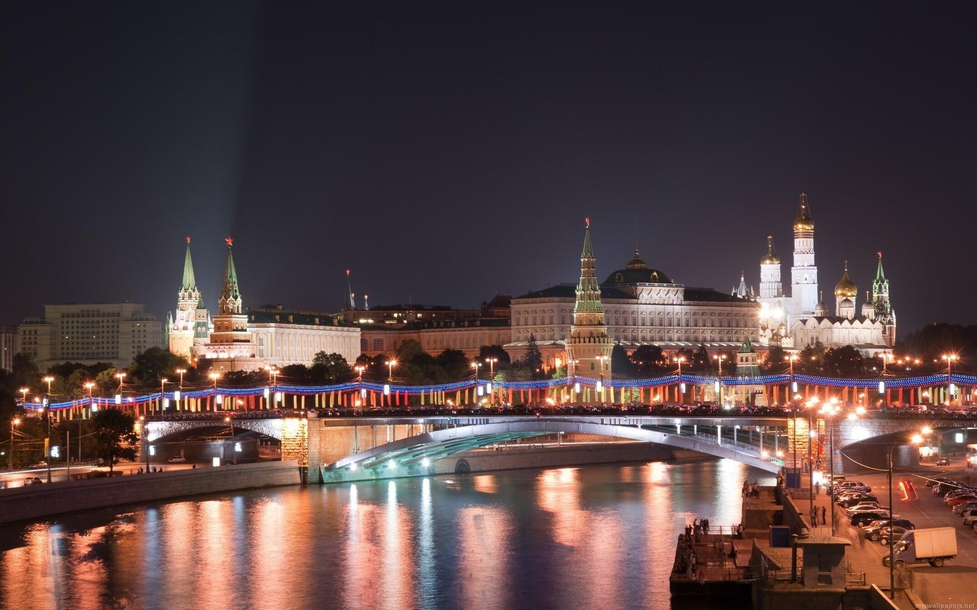 evening, 1080P, nature and landscapes, russia, reflection, cityscape, beautiful, lights, moscow, water, HD Wallpaper