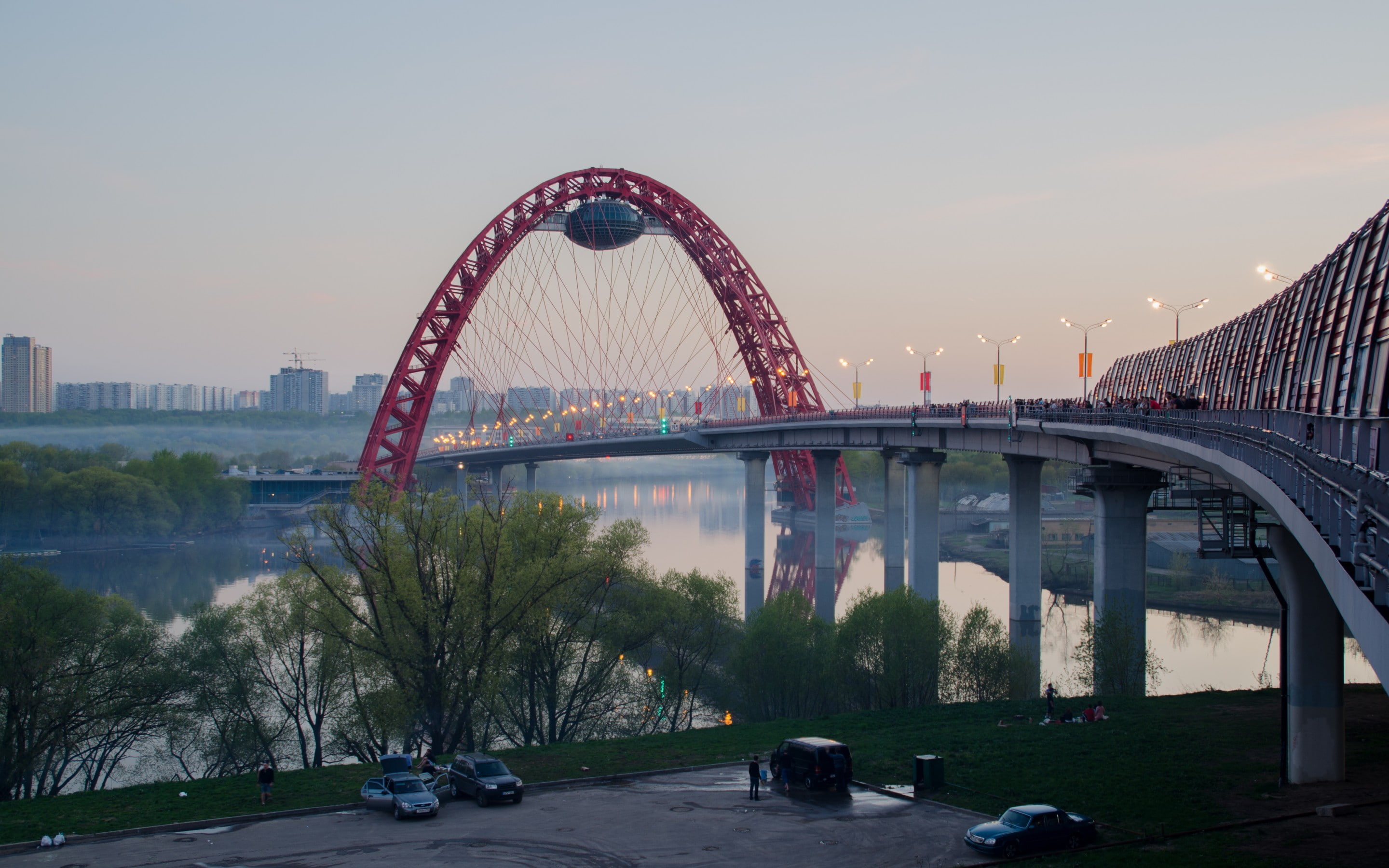2K, bridge, Moscow, red, architecture, HD Wallpaper